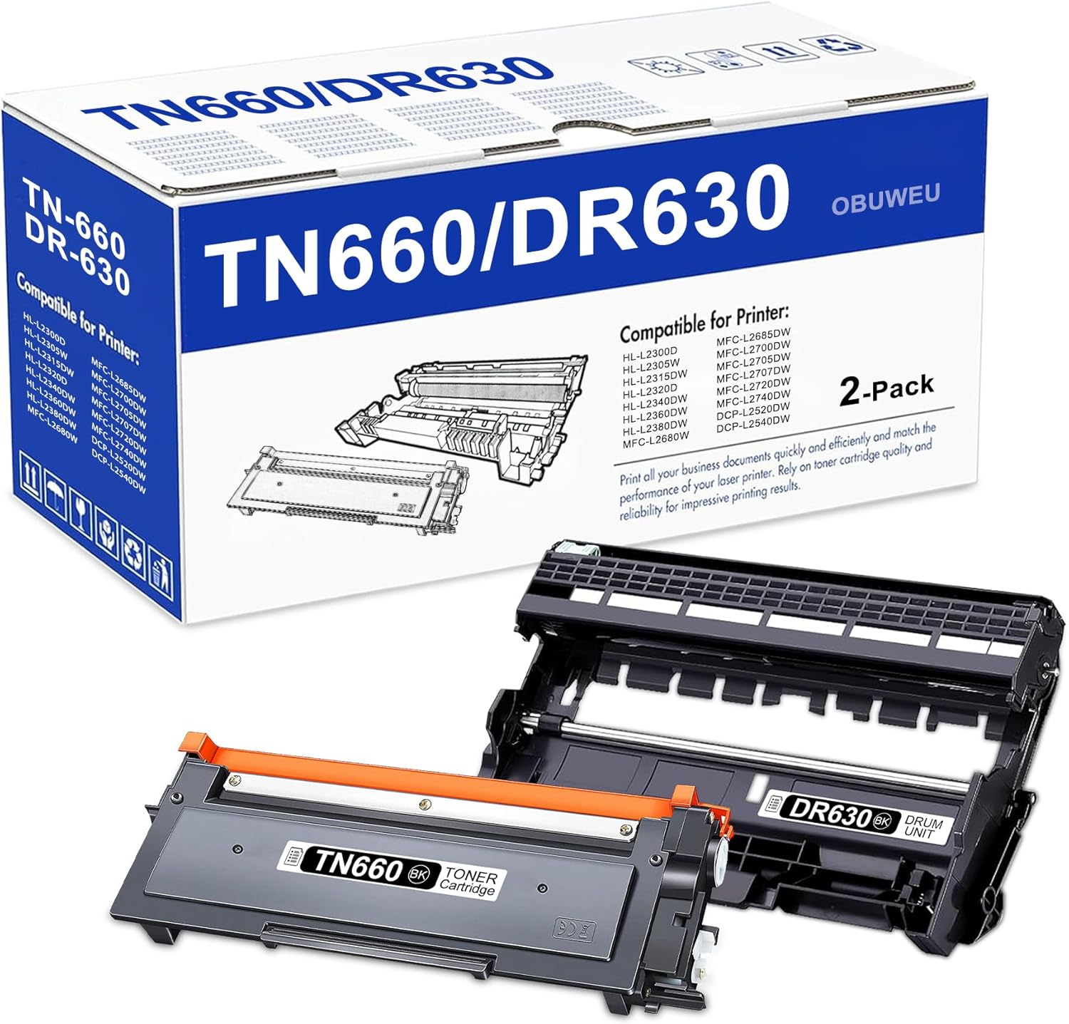 Compatible TN660 Toner Cartridge & DR630 Drum Unit Replacement for Brother TN660 TN630 DR-630 Work with HL-L2300D HL-L2360DW DCP-L2520DW MFC-L2700DW MFC-L2740DW Printer (Black, 2 Pack)