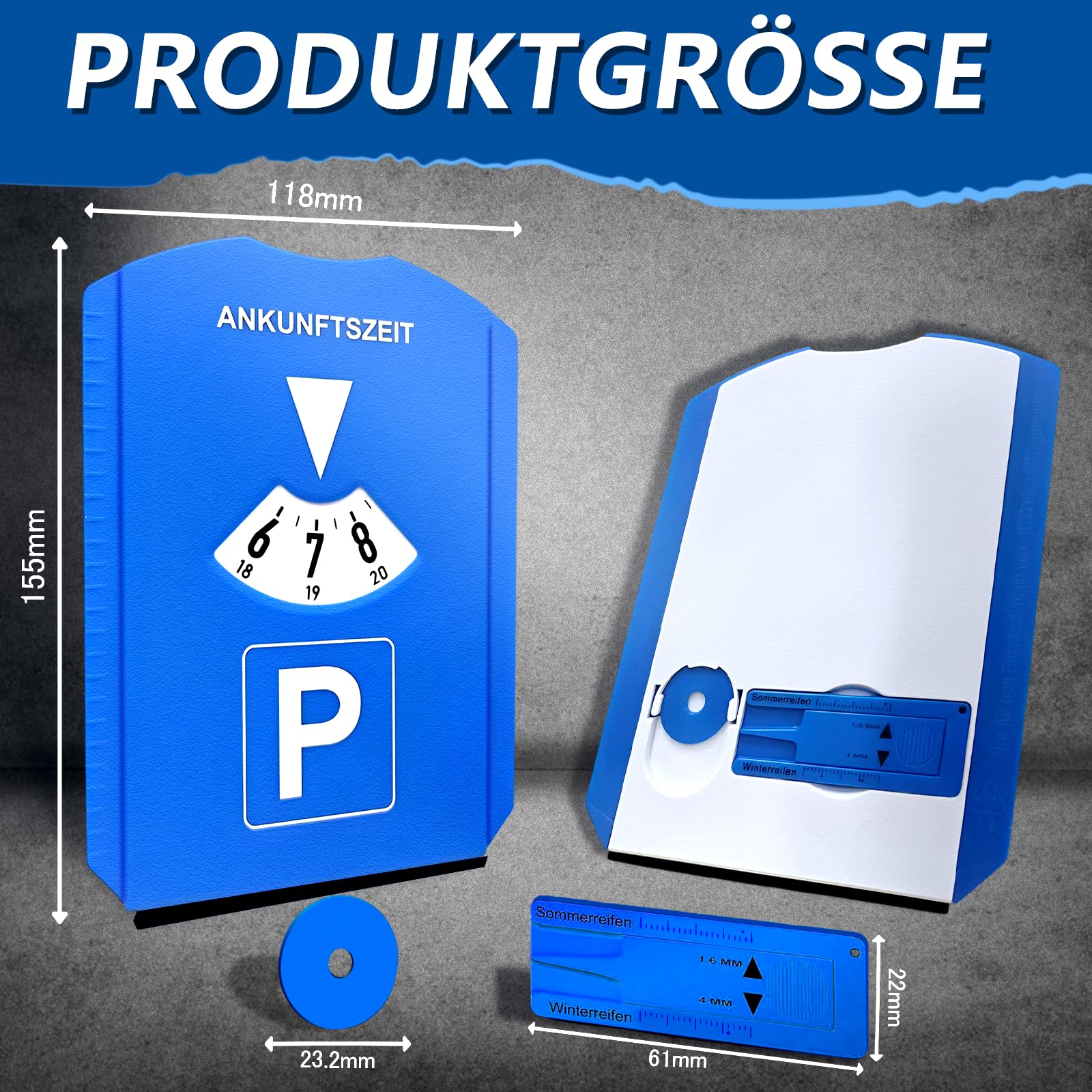 kinoco Parkscheibe mit Eiskratzer - 2 in 1 Parkuhr für Auto und Motorrad INKL. Reifenprofilmesser + Einkaufswagen-Chip | Winter Eiskratzer & Profiltiefenmesser