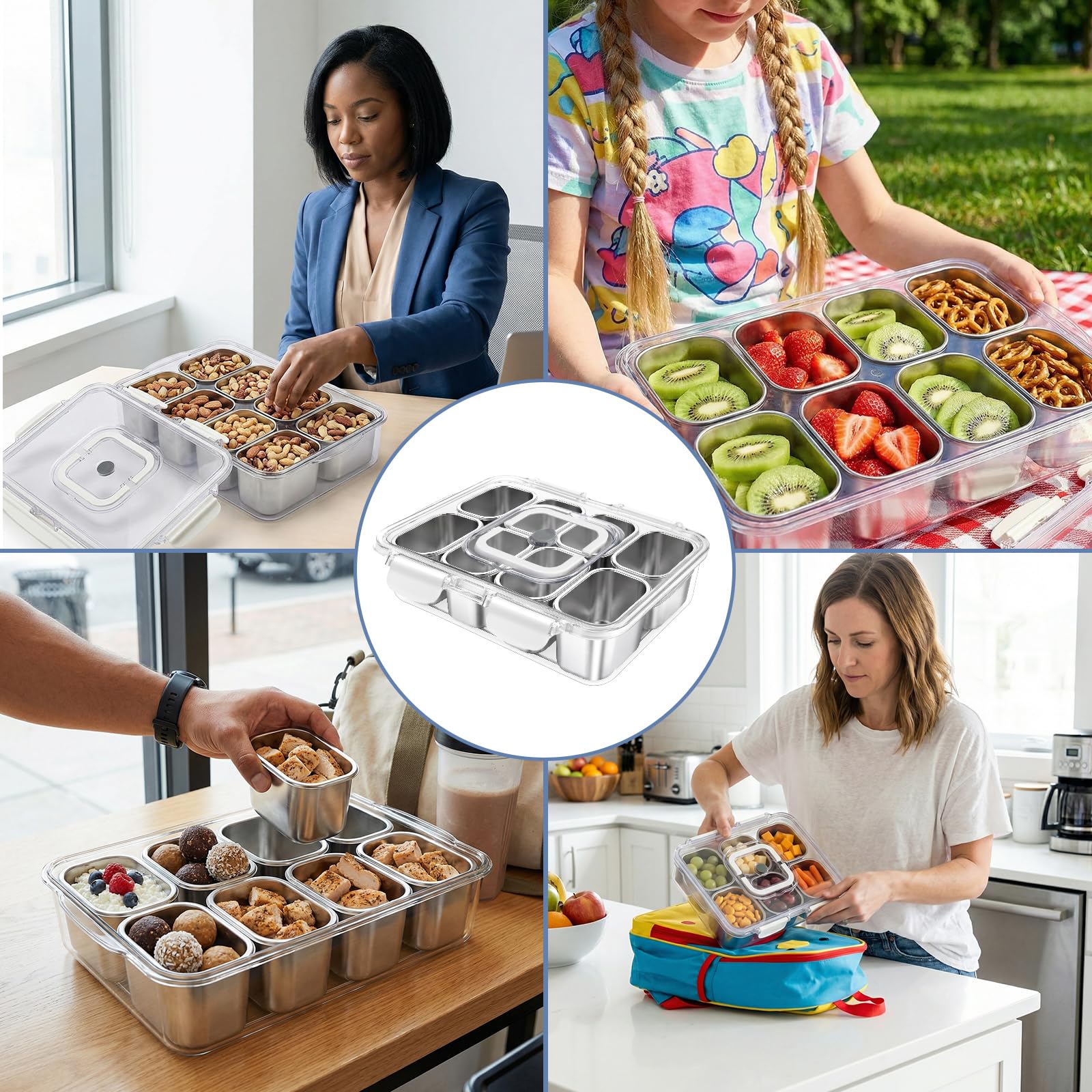 Caja de aperitivos con 8 compartimentos de acero inoxidable, | bandeja de aperitivos con asa y tapa, para diferentes frutas y aperitivos, así como especias para fiestas, pícnics y viajes