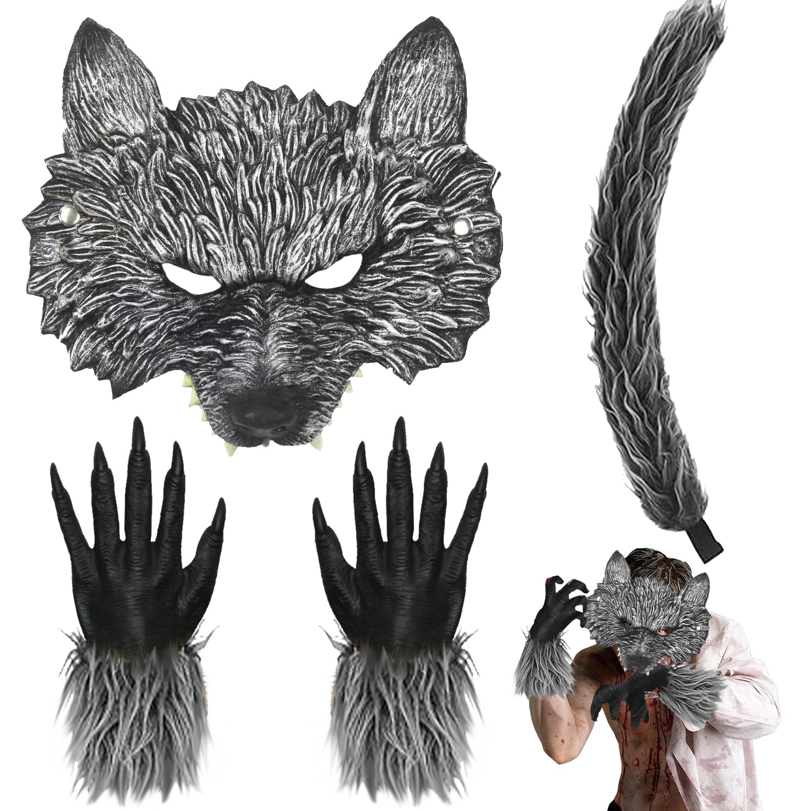AUNGKWANG Wolf-masker-kostuumset, 4 stuks, carnaval, weerwolf kostuum met weerwolfmasker, wolfshandschoenen en staart, Halloween weerwolf kostuum geschikt voor volwassenen en kinderen