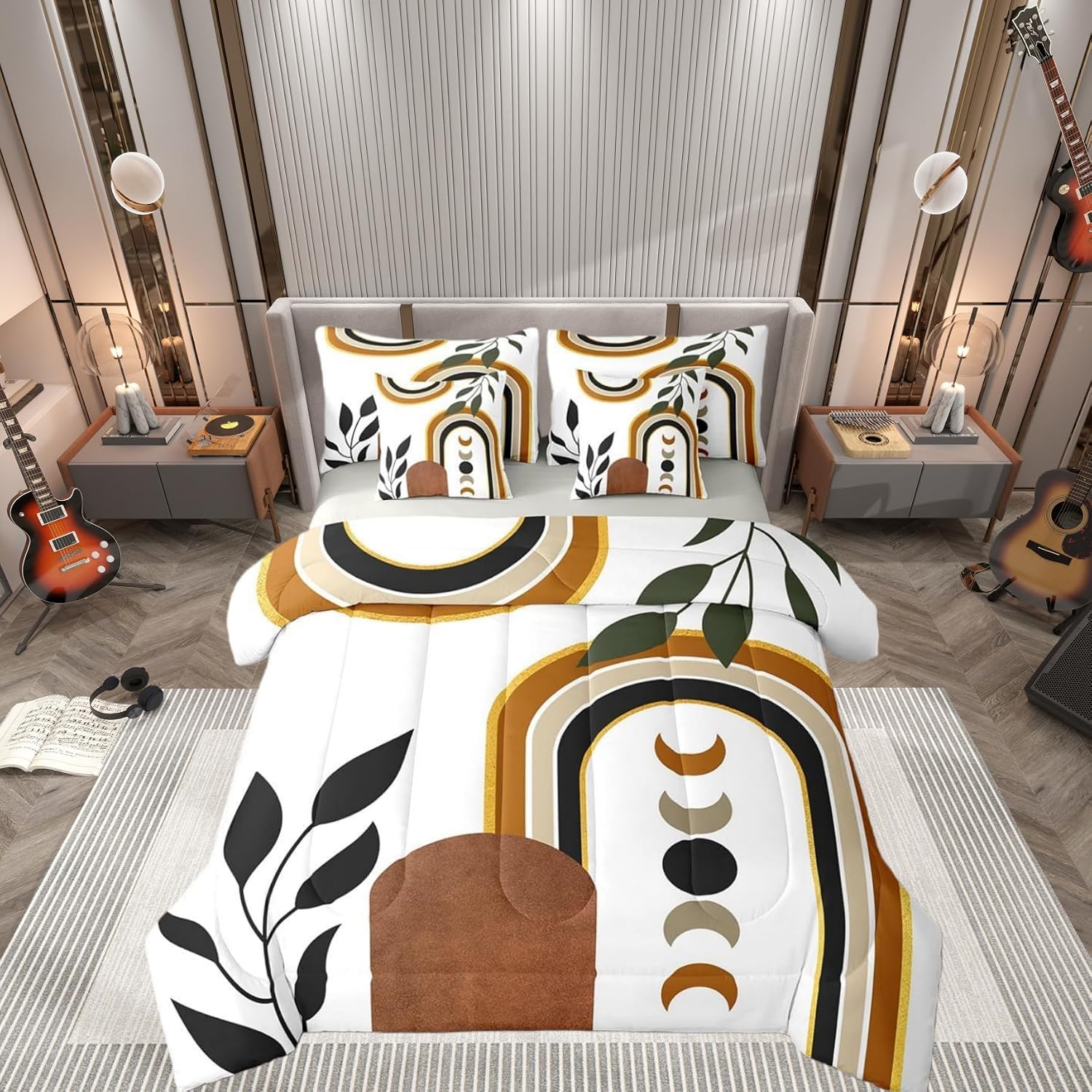 7 Pcs Art Comforter Sets,Boho Aesthetic Sun Moon Print Down Girly Comforter Queen Size with Sheets Set Microfiber Soft,Farmhouse Plant Unique Art Girls Woman Bedroom Decor Bed Sets in a Bag