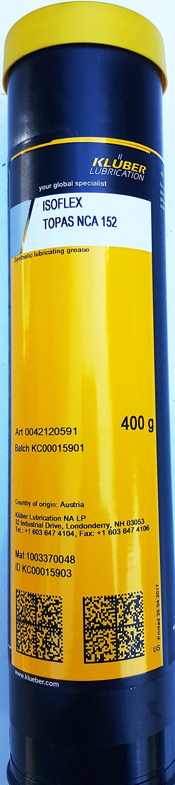 Kluber Lubrication Isoflex Topas NCA 152 Synthetic Grease for Bearings 400g Cartridge