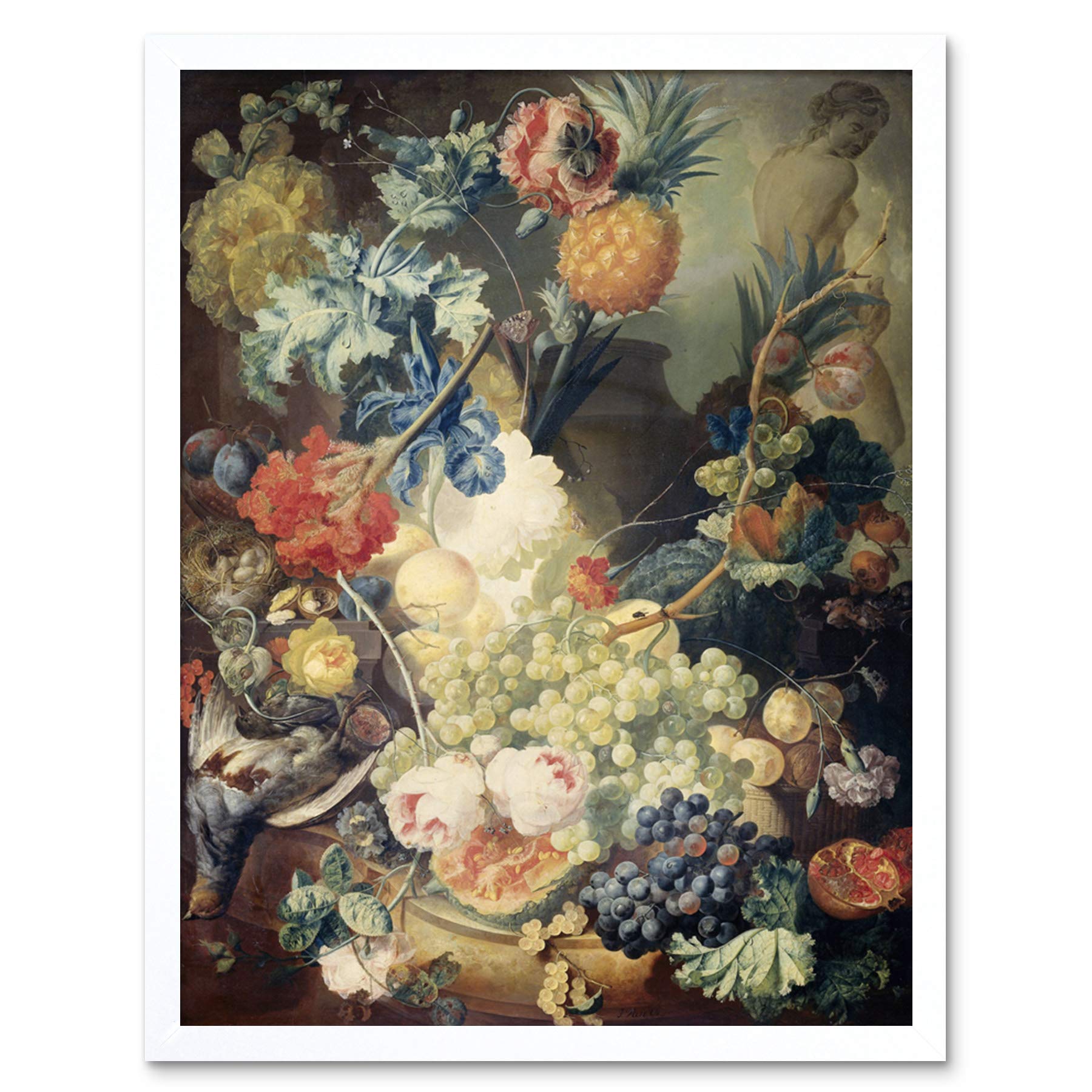 Artery8 Van Os Still Life Flowers Fruits Birds Painting Art Print Framed Poster Wall Decor 12x16 inch