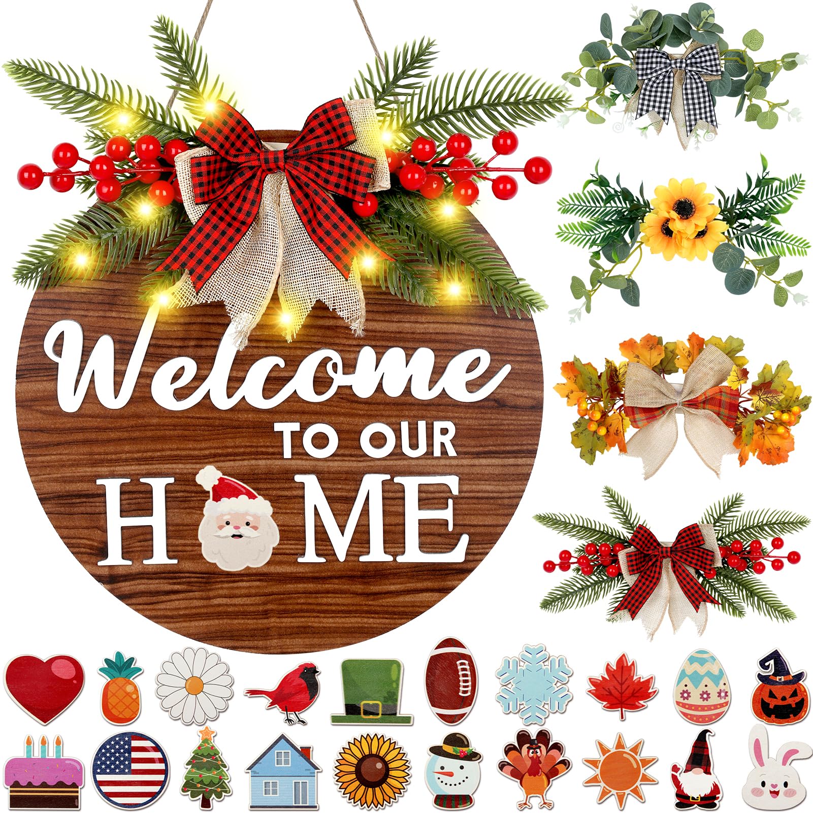 Interchangeable Welcome Sign for Front Door, Christmas Wreaths for Front Door with 4 Seasonal Wreaths and 21 Changeable Icons for Christmas Door Decor