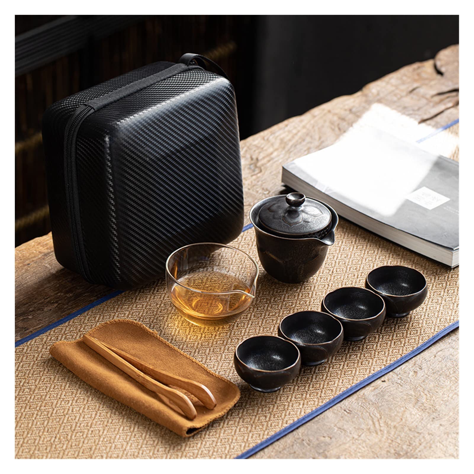 DAPERCIWhite Designer Teaware Travel Tea Set Portable Outdoor Office Tea Plate Ceramic Flower Kung Fu Teaset Business Gift Cool Modern tea sets (Color : Chocolate, Size : Six-piece Set)