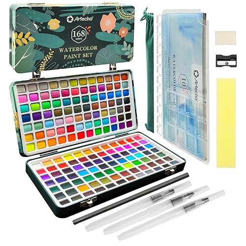 Artecho Watercolor Paint Set 168 Colors in Portable Box, Travel Watercolor Set with Watercolor Papers and Brushes, Ideal for Adults, Beginners and Artists - 168 colors