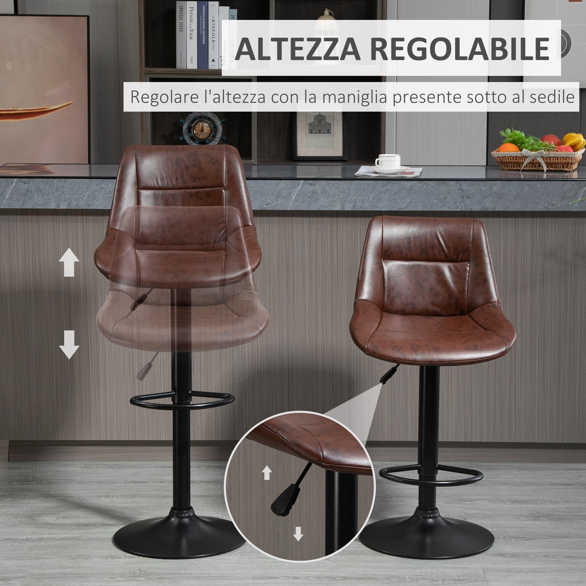 HOMCOM Sgabelli Bar con Altezza Regolabile con Poggiapiedi Set 2 Marrone
