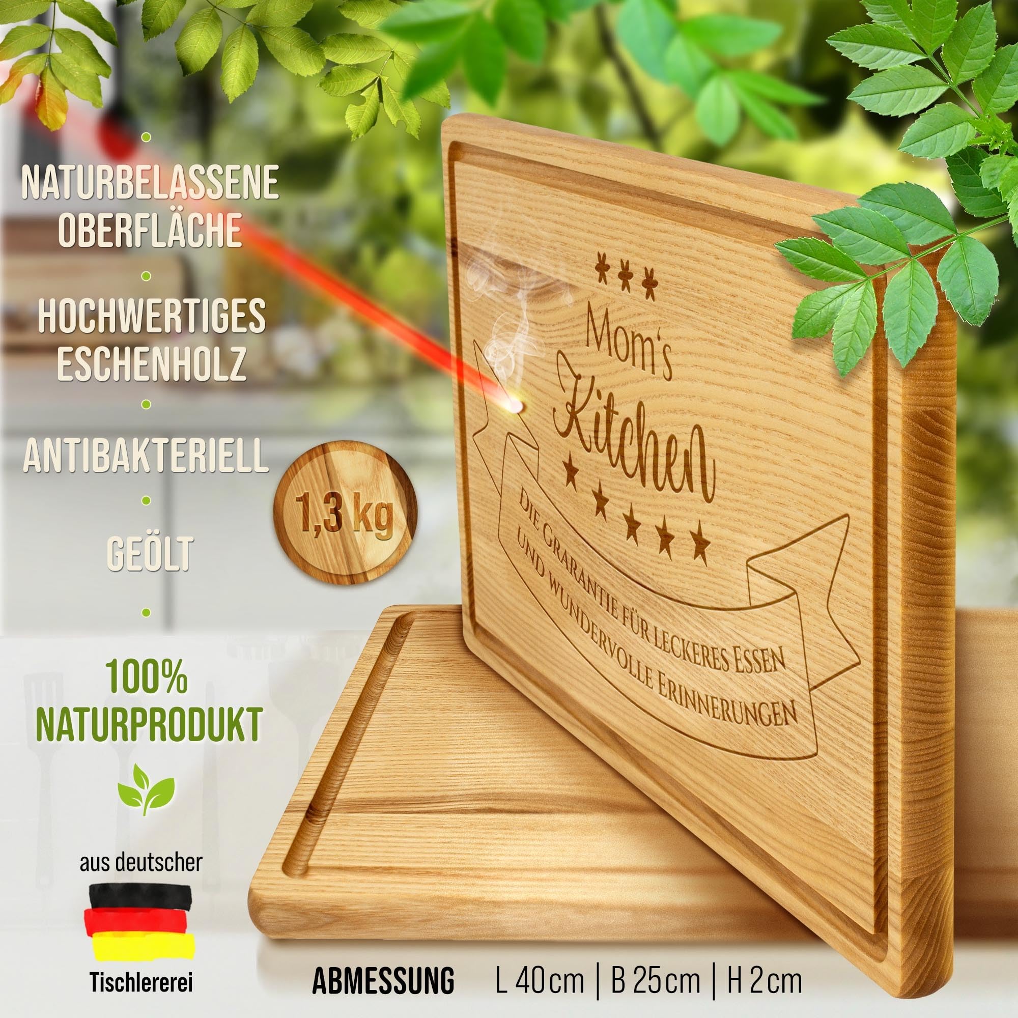 PR Print Royal Großes Holzbrett mit Gravur - Küche für leckeres Essen - mit Name - Personalisiertes Geschenk für Hobbyköche Geburtstag, Muttertag - Schneidebrett Eschenholz, 40 x 25 x 2 cm