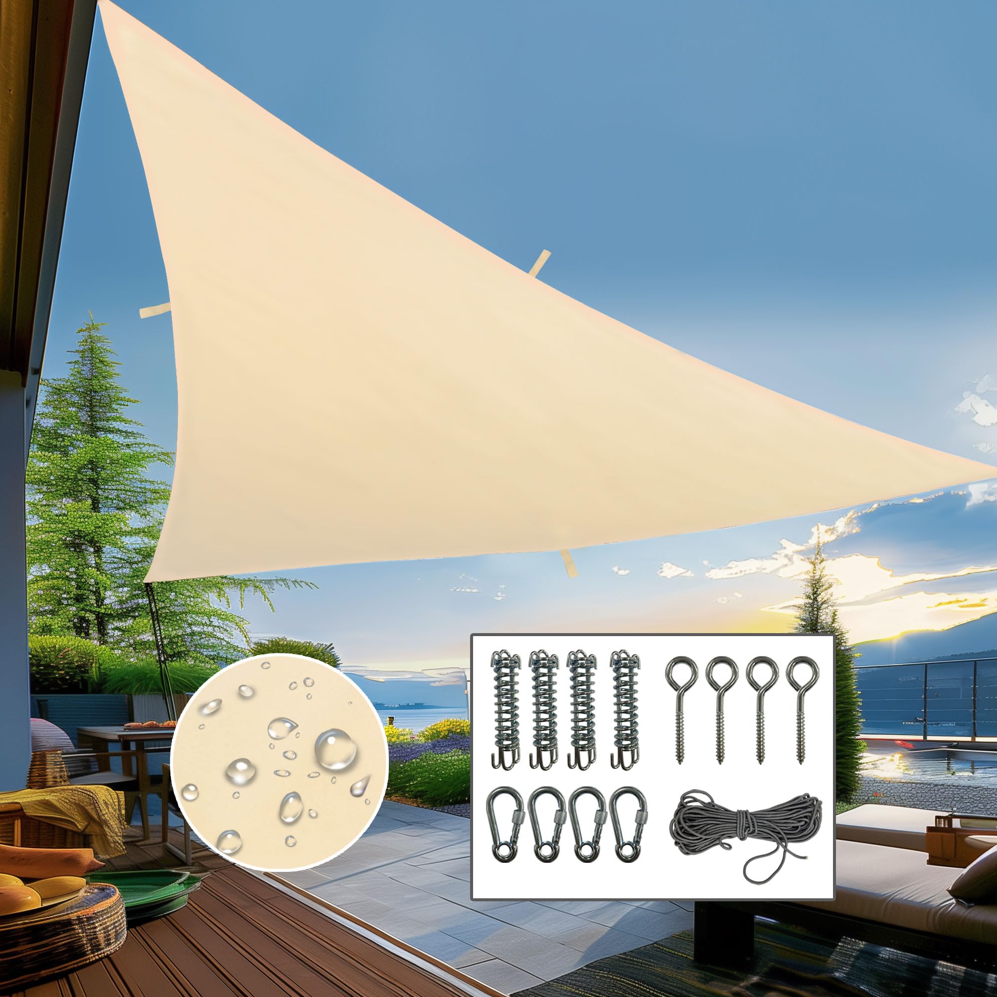 Triangle Sun Shade Sail Outdoor Patio, 13.6x13.6x13.6ft Waterproof Sun Shades Canopy, UV Resistant, Sunshades for Patio, Yard, Deck, Garden, Hardware Kits (Beige)