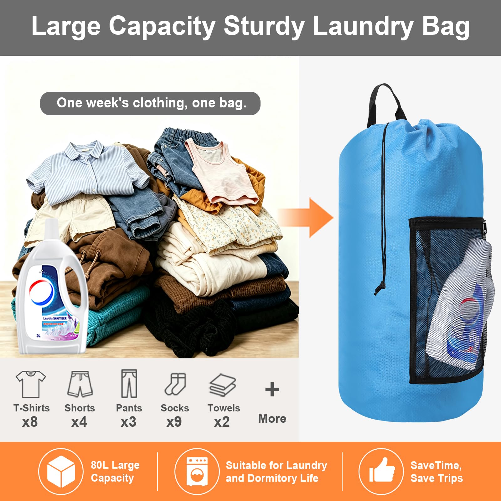 Bolsa de lavandería duradera con correas para los hombros y bolsillos de malla, bolsa portátil para ropa sucia para dormitorio universitario (azul)
