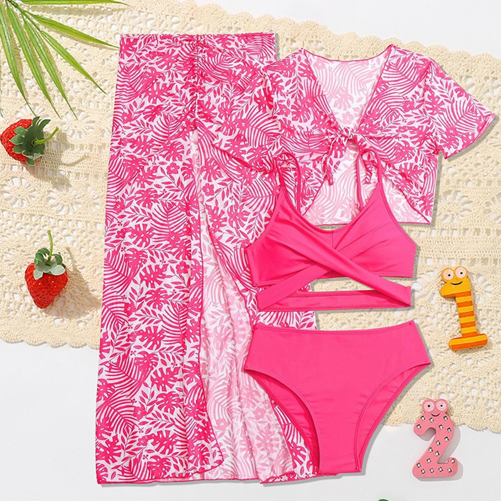 Bikini Girls - Conjunto de baño de 4 piezas para niñas, bikini con funda, protector de rashguard y falda, traje de playa de verano para niños de 7 a 12 años, trajes de baño casuales