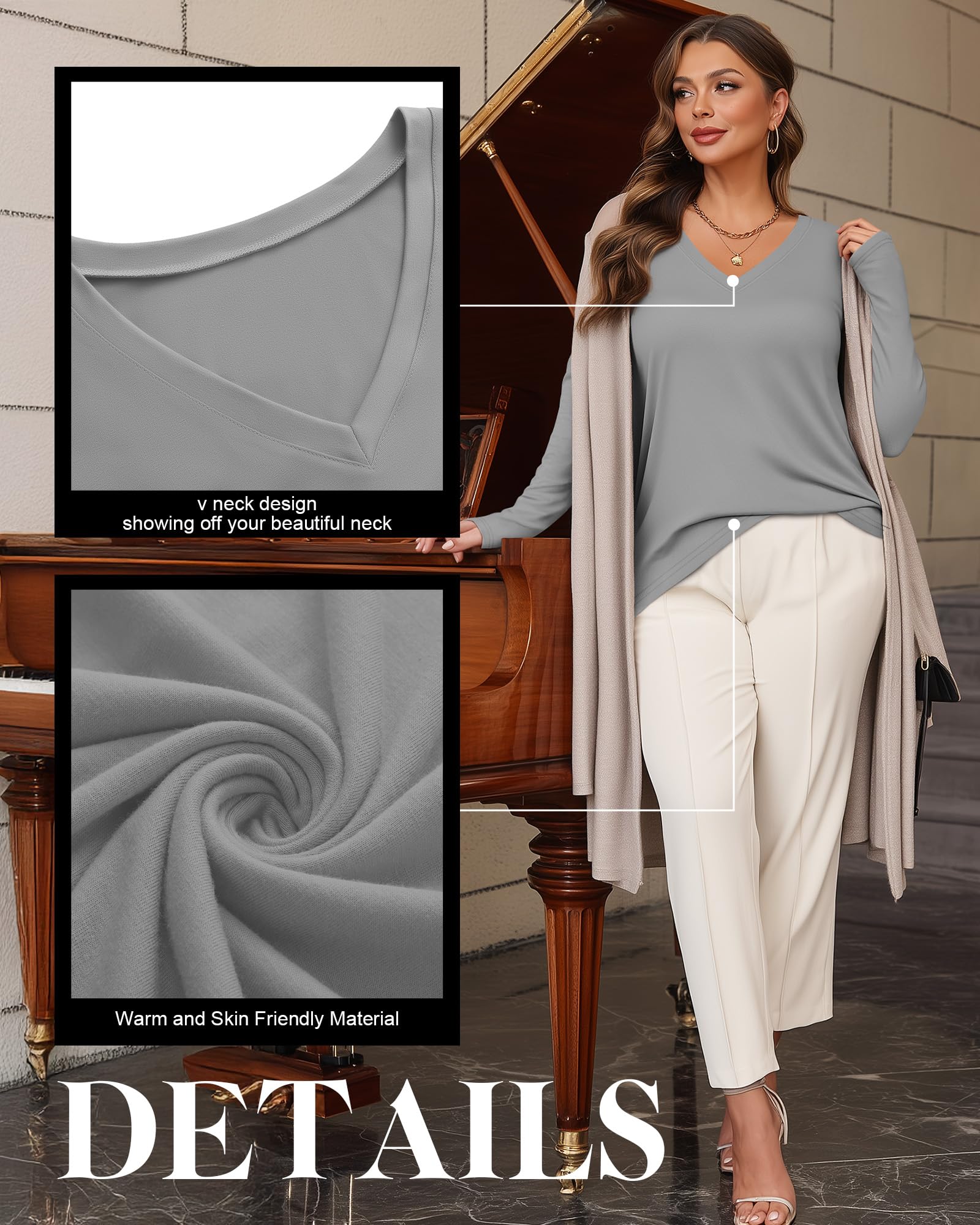 Riyiper Set da 3 Top Donna Plus Size | Scollo a V, maglia a maniche lunghe, vestibilità ampia, casual, basic, elegante tunica, biancheria intima