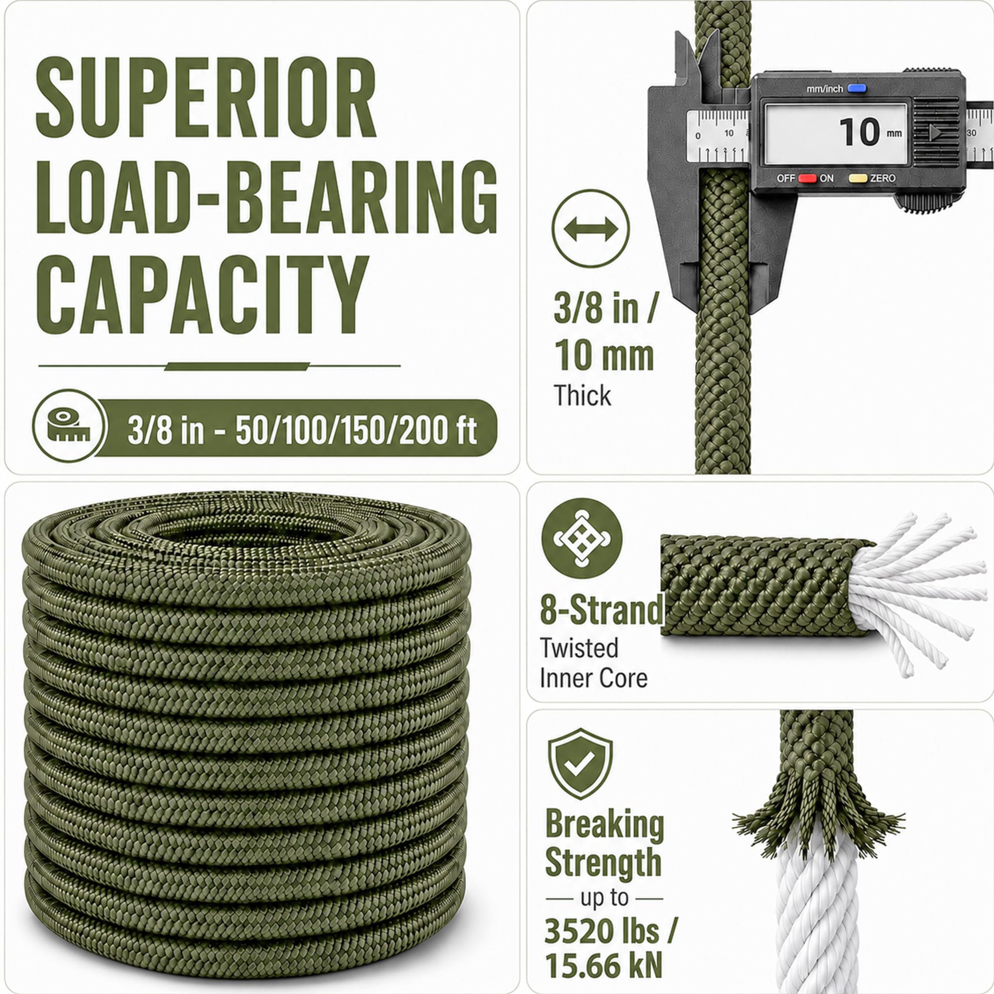 Corde de gréement tressée en polyester (0,9 cm x 61 m) haute résistance pour escalade, randonnée, camping, balançoire, vert militaire