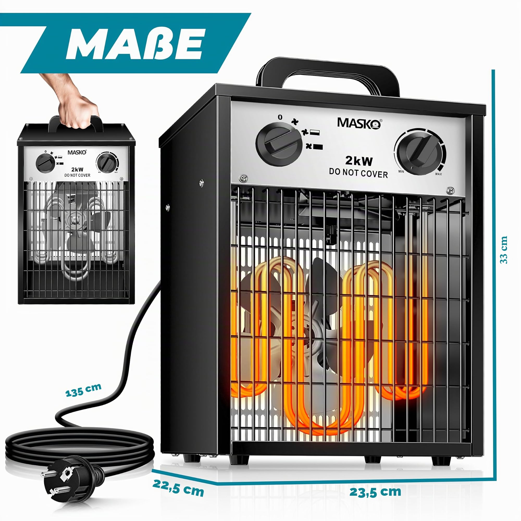 Masko® Riscaldatore elettrico 2 KW con termostato, 2000 Watt, 3 livelli riscaldamento, uso interno-esterno, protezione sovraccarico, ventilatore bianco