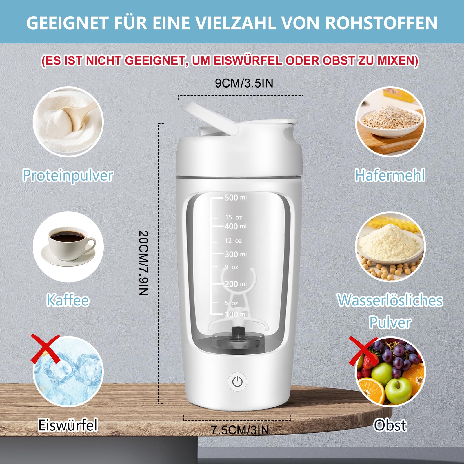 SOARFLY Shaker Proteine Elettrico, 650ml Bottiglia per Shaker per Proteine Ricaricabile USB C, Senza BPA, Shaker Elettrico per Frullati Proteici e Frullati Sostitutivi dei Pasti, Bianco