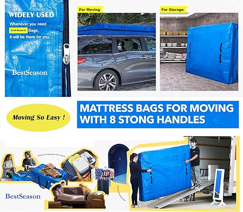 Miniatura 6 de Funda de colchón para mudanzas tamaño Queen, paquete de 2, bolsa de colchón para mudanza y almacenamiento con 8 asas, cierre de cremallera doble,