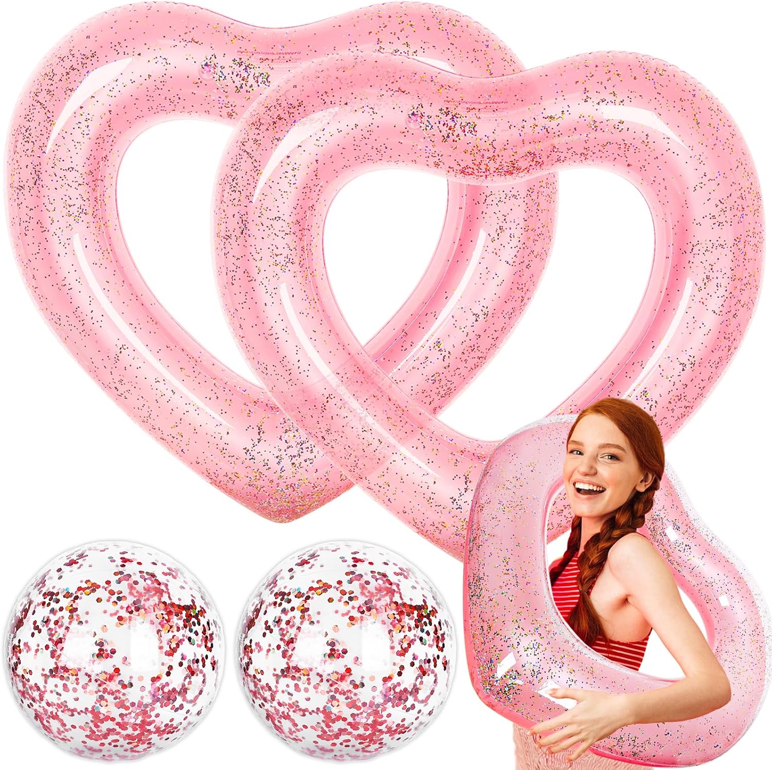 JarThenaAMCS 4Pcs Inflatable Heart Pool Float with Beach Ball Glitter Inside Rose Gold Swim Heart Shaped Pool Rings Float Loungers Tube for Summer Swimming Beach, 47.3 x 39.4 Inch