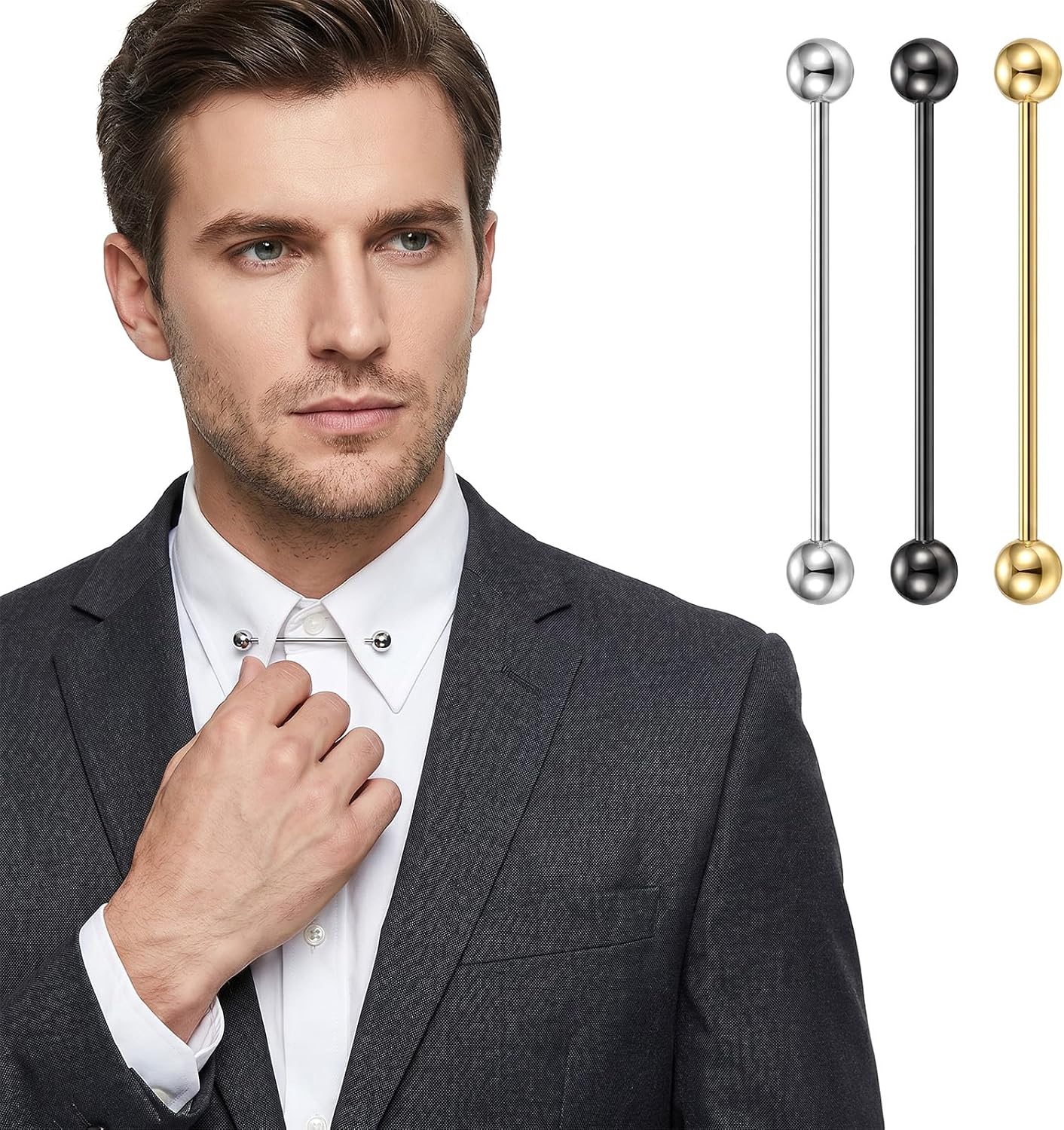 cobee 3Pcs Collar Pins for Men, 6.5 cm/2.56 in Clasp Lapel Stick Brooch Metal Collar Bar Pin, Cravat Pins Stud Bar Ball Tie Pins for Men Dress Shirts for Wedding Business (Black, Silver, Golden)