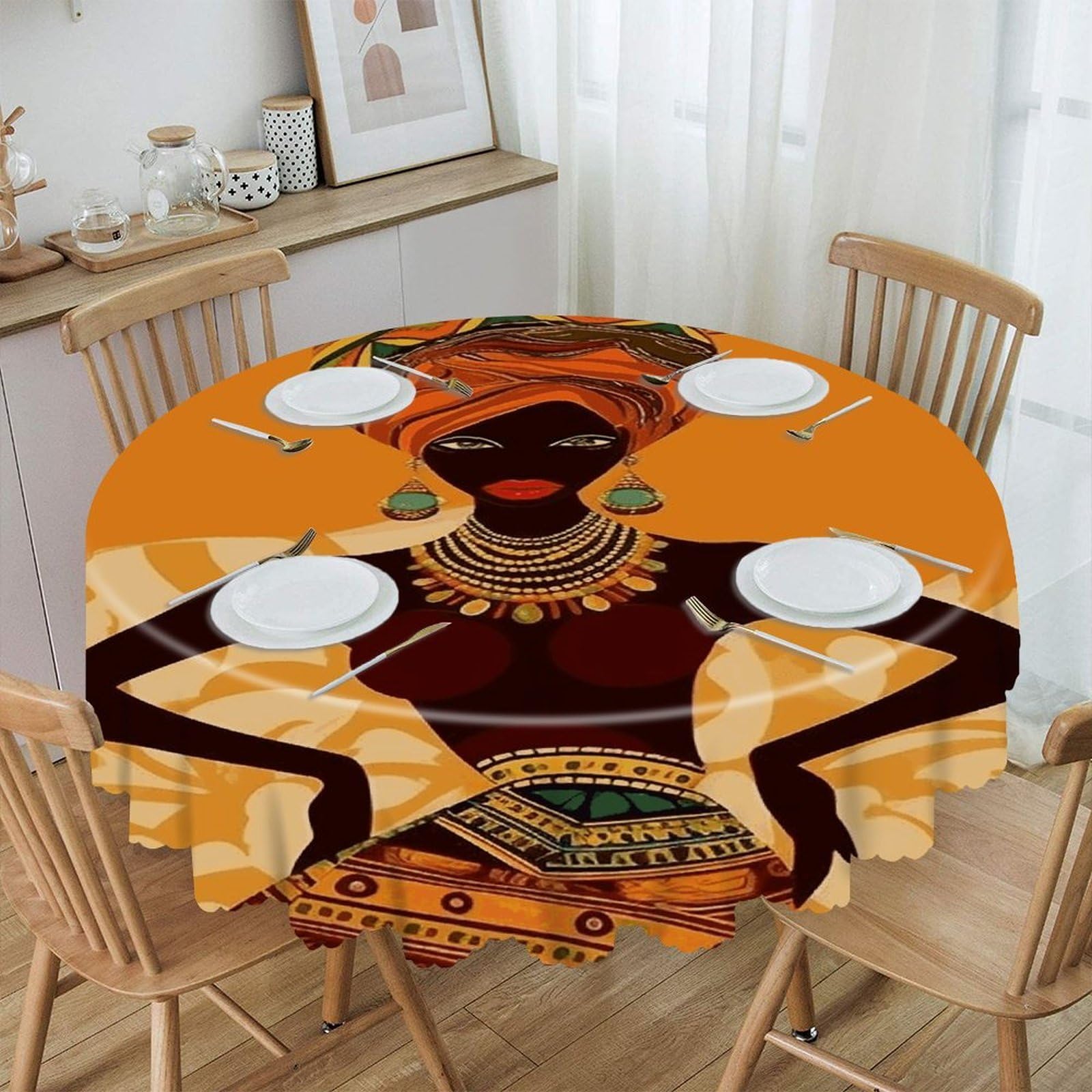 VstaDank 60 Inch Round African Woman Tablecloth Polyester Waterproof Wrinkle Free Table Cloth Spillproof Washable Table Cover Colorful Tablecover Decor for Home Kitchen Dining Party