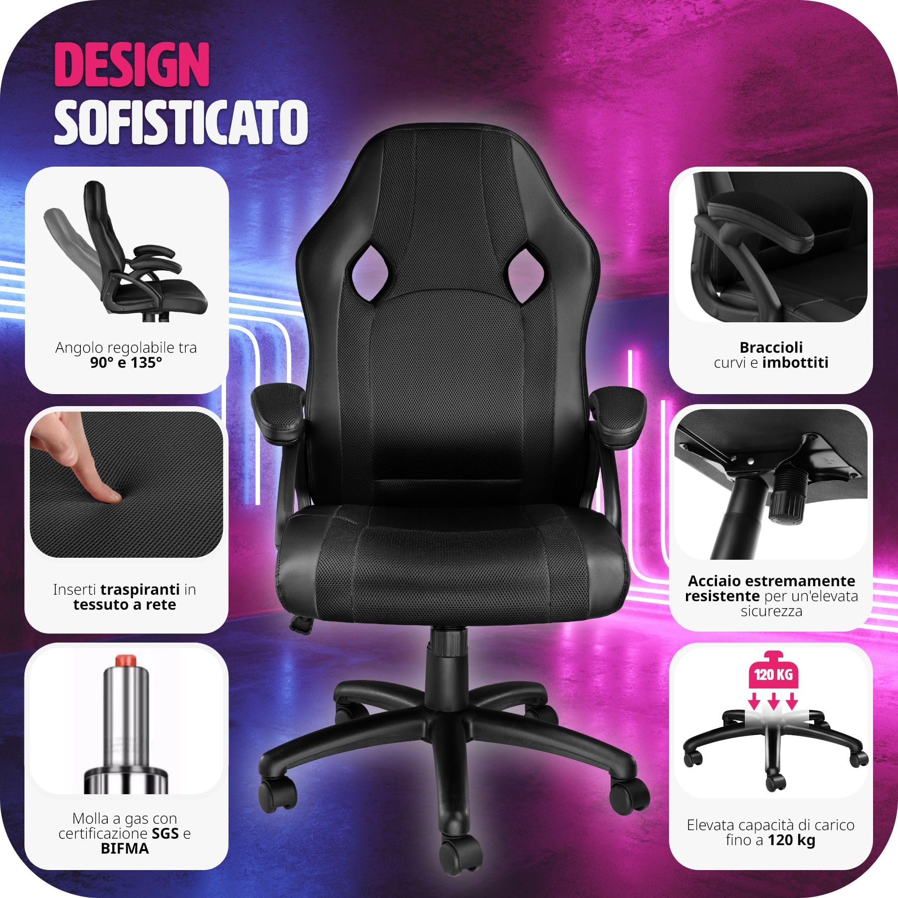 tectake® Sedia da Ufficio Ergonomica, Poltrona Gaming con Altezza Regolabile, Struttura Robusta, Rotazione a 360 Gradi, Meccanismo Basculante, 5 Rotelle Doppie - Nero