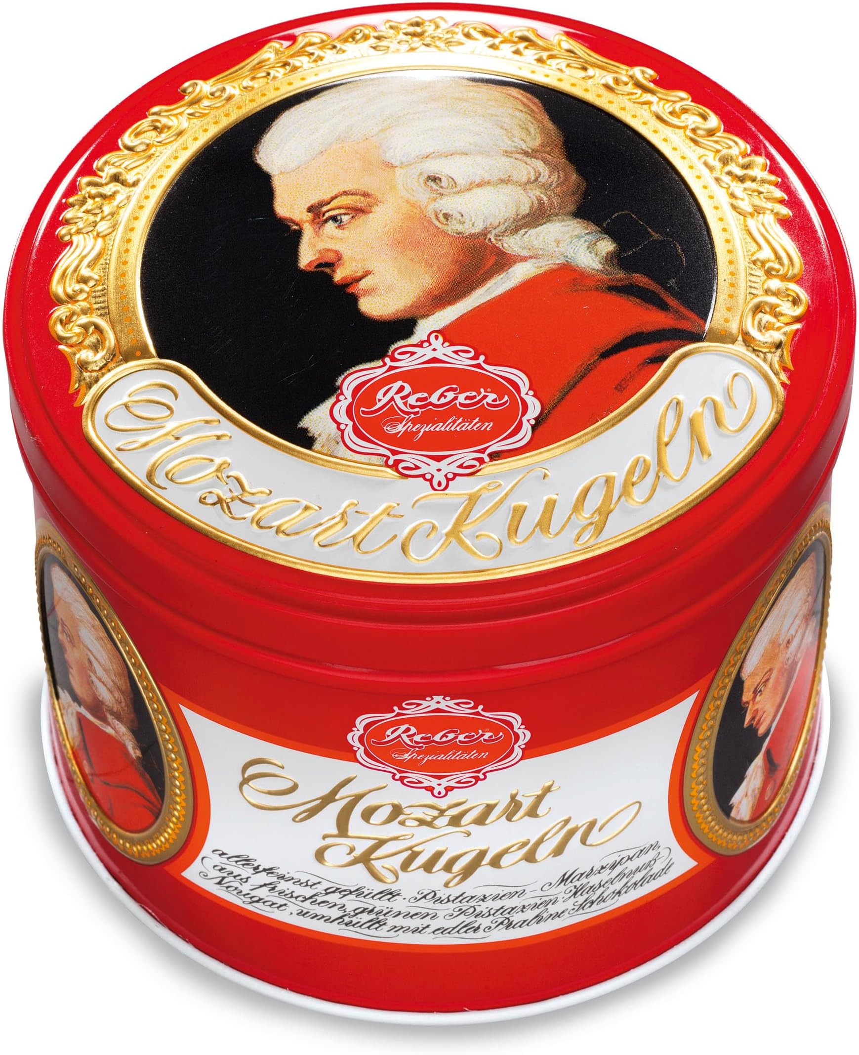 REBER Round Gift Tin - Premium German Mozart Kugeln with Pistachio, Almond & Hazelnut Praline - Milk & Dark Chocolate Confections for Gifting & Celebrations | 15 Pieces