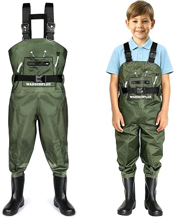 Kids Chest Waders with Boots, Waterproof PVC Youth Fishing Waders with Reinforced Knees & Reflective Strips