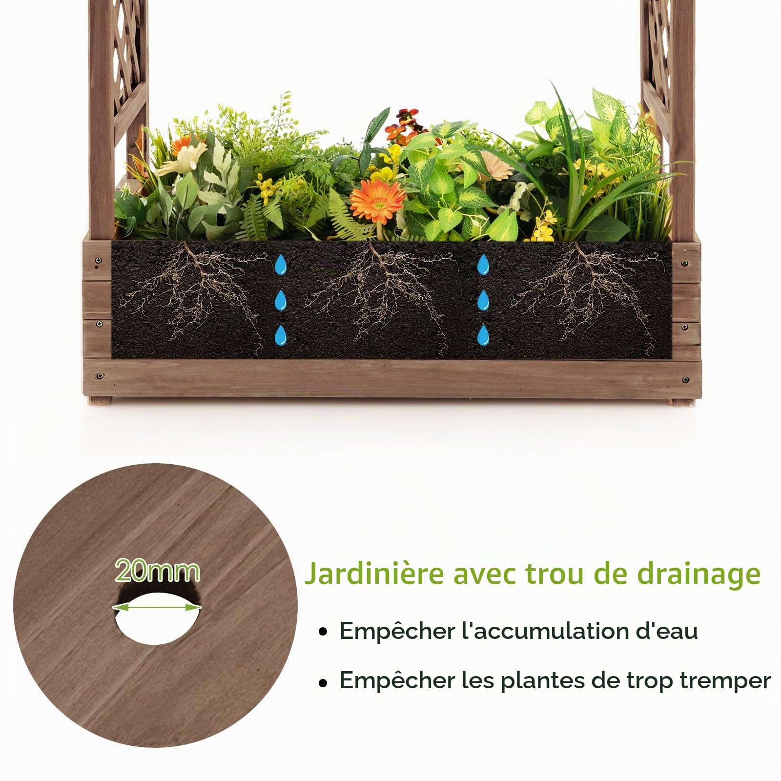 HOMASIS Support pour Plantes d'extérieur, jardinière avec Grille, étagère en Bois pour Plantes, Grand Support pour Plantes grimpantes, jardinière surélevée avec Drainage, pour Jardin, Balcon (Brun)