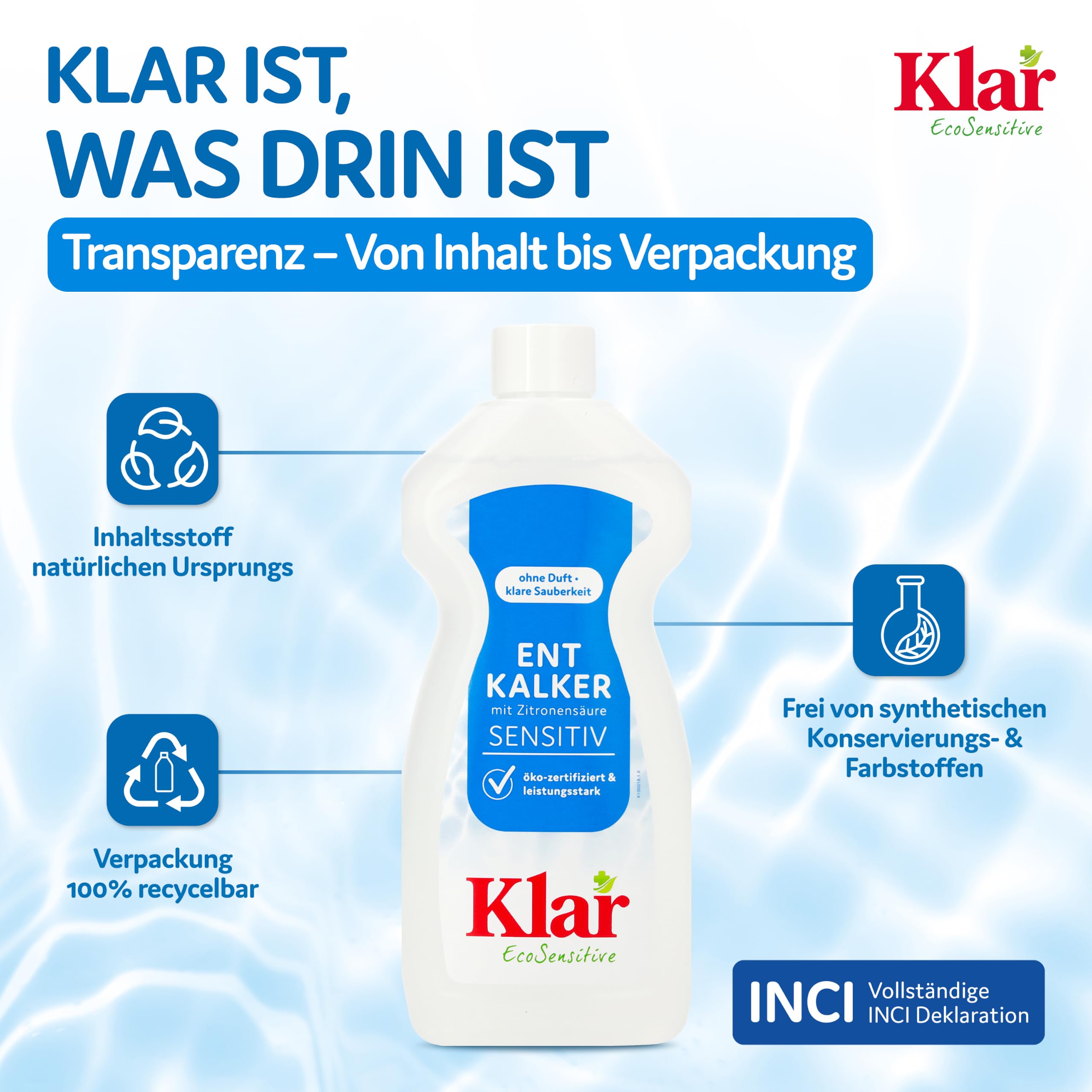 Klar EcoSensitive Entkalker mit Zitronensäure SENSITIV, 500ml - Flüssig | Zitronensäure Entkalker ökozertifiziert - Ideal zum Entkalken von Kaffeemaschine, Wasserkocher, Wasserhahn & Mehr - Vegan
