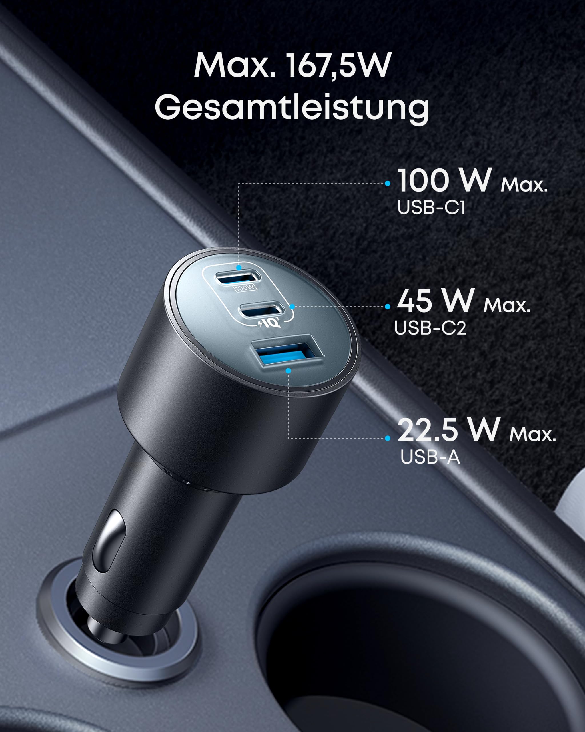 Anker 167,5W max. Zigarettenanzünder USB C, 3 Port kompaktes Typ-C Auto Ladegerät, Kfz-Ladegerät für MacBook Pro/Air, iPhone 17/16/15/14/13 Serie, Samsung S26 / S25, iPad Pro, AirPods und weitere