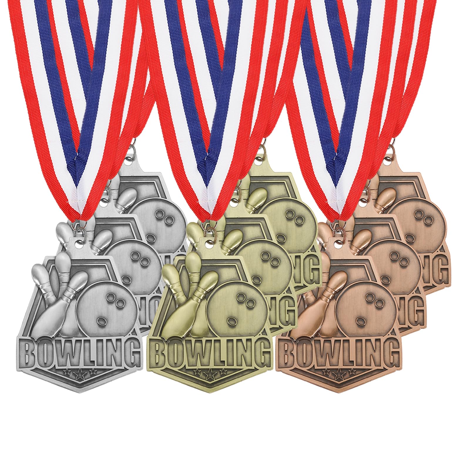 PATIKIL Medaglie d'oro, Argento e Bronzo Rilievo per Giochi Bowling con Nastri Rosso, Bianco e Blu, Medaglia di Bowlingo 9Pz Medaglie per Vincitori Premi Competizioni Oro/Argento/Rosso