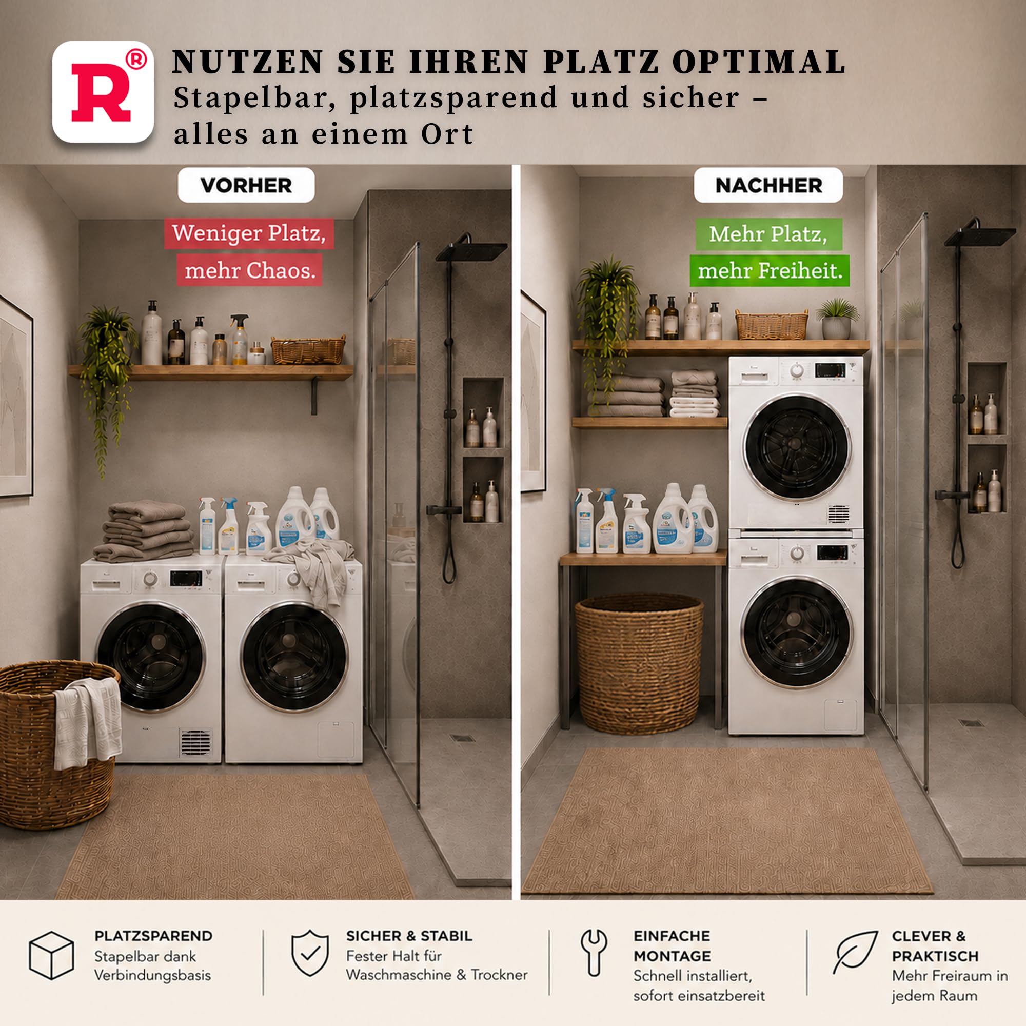 ROLLER Kappatos Zwischenbaurahmen Waschmaschine Trockner mit Schublade | Aluminium Verbindungsrahmen, 60x60 cm, Stapelrahmen Universal, 100 kg Tragkraft, Made in EU, Vormontiert