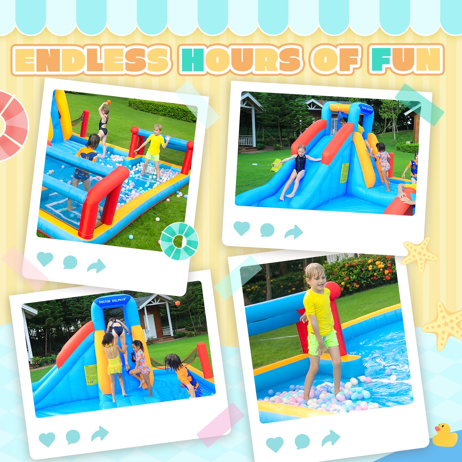 Doctor Dolphin Inflatable Water Slides, Bounce House with Waterslide, Water Bounce House for Kids, Blow Up Water Park Outdoor Backyard for Wet or Dry