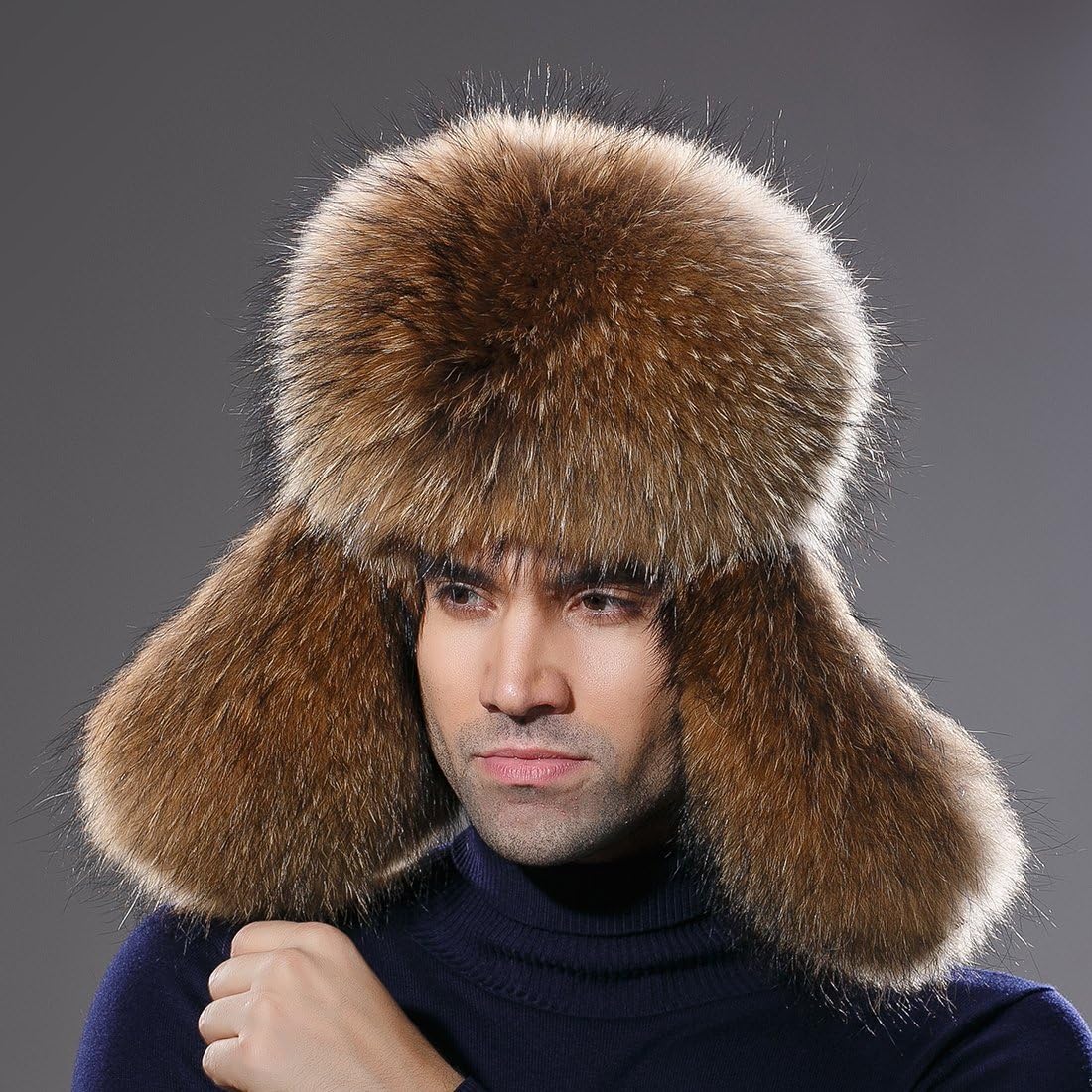 URSFUR Winter Men Hat Real Fox Russian Ushanka Trapper Cap