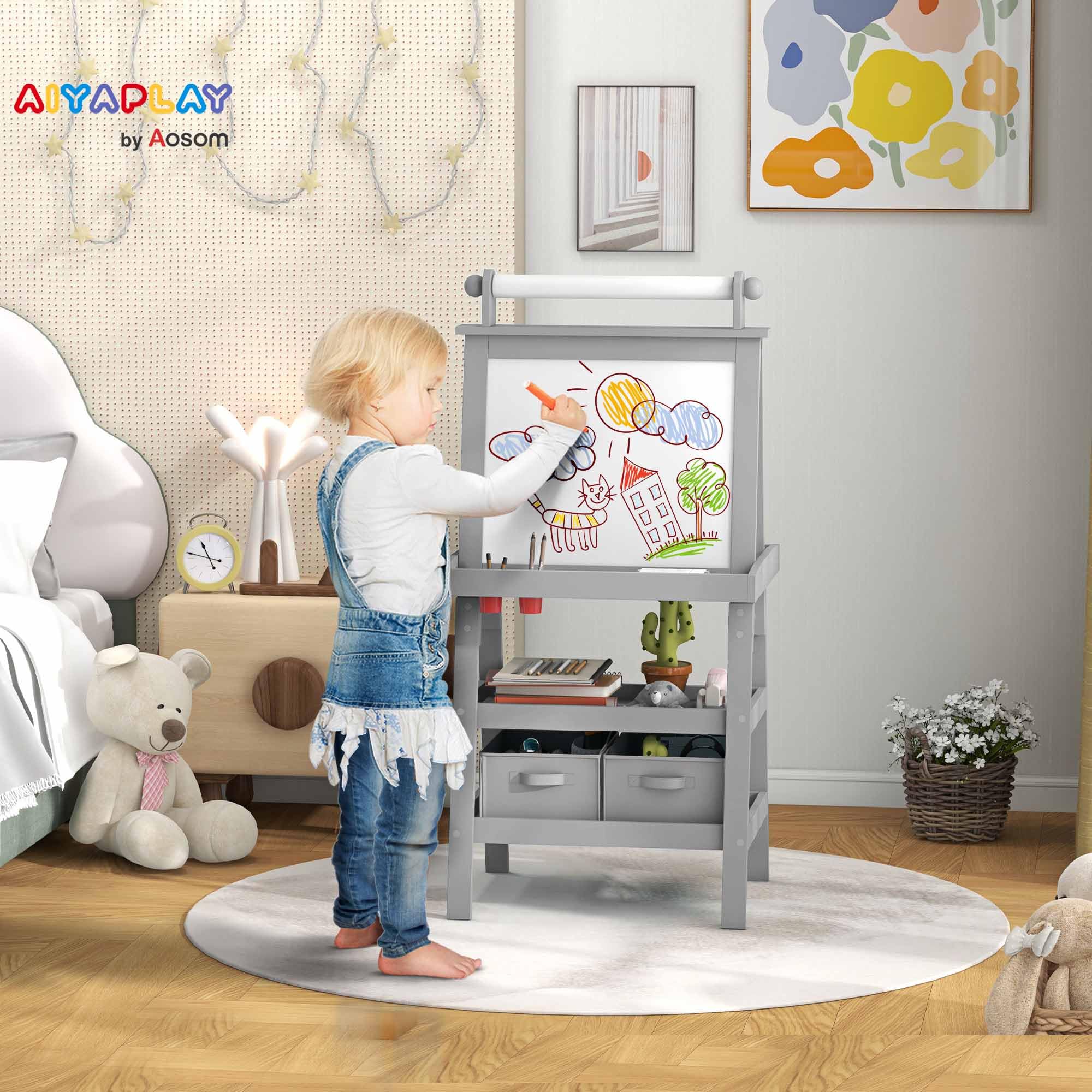 AIYAPLAY Pizarra Infantil Caballete 3 en 1 Pizarra Infantil de Doble Cara Magnética Caballete de Pintura para Niños con Rollo de Papel y Cestas de Almacenamiento 59x48x118 cm Gris