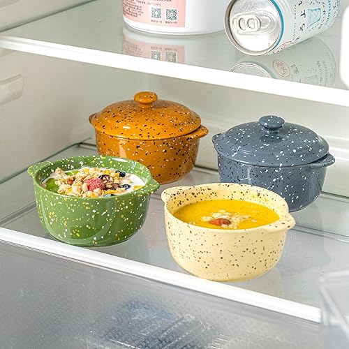 Miniatura 8 de Juego de 4 mini cocotte de cerámica para horno, cacerolas pequeñas de 10 onzas con asas y tapa, olla individual para soufflé, sopa, cobbler, moldes