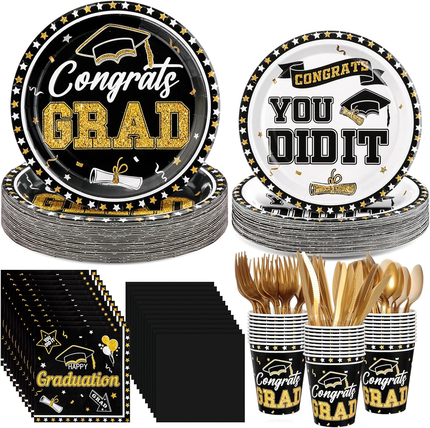 Zhehao 240 Pcs 2026 Graduation Plates and Napkins Set Serve 30, Black and Gold Graduation Party Supplies, Class of 2026 Paper Plates and Napkins 9oz Cup Knife Fork Spoon Congrats Grad Decorations