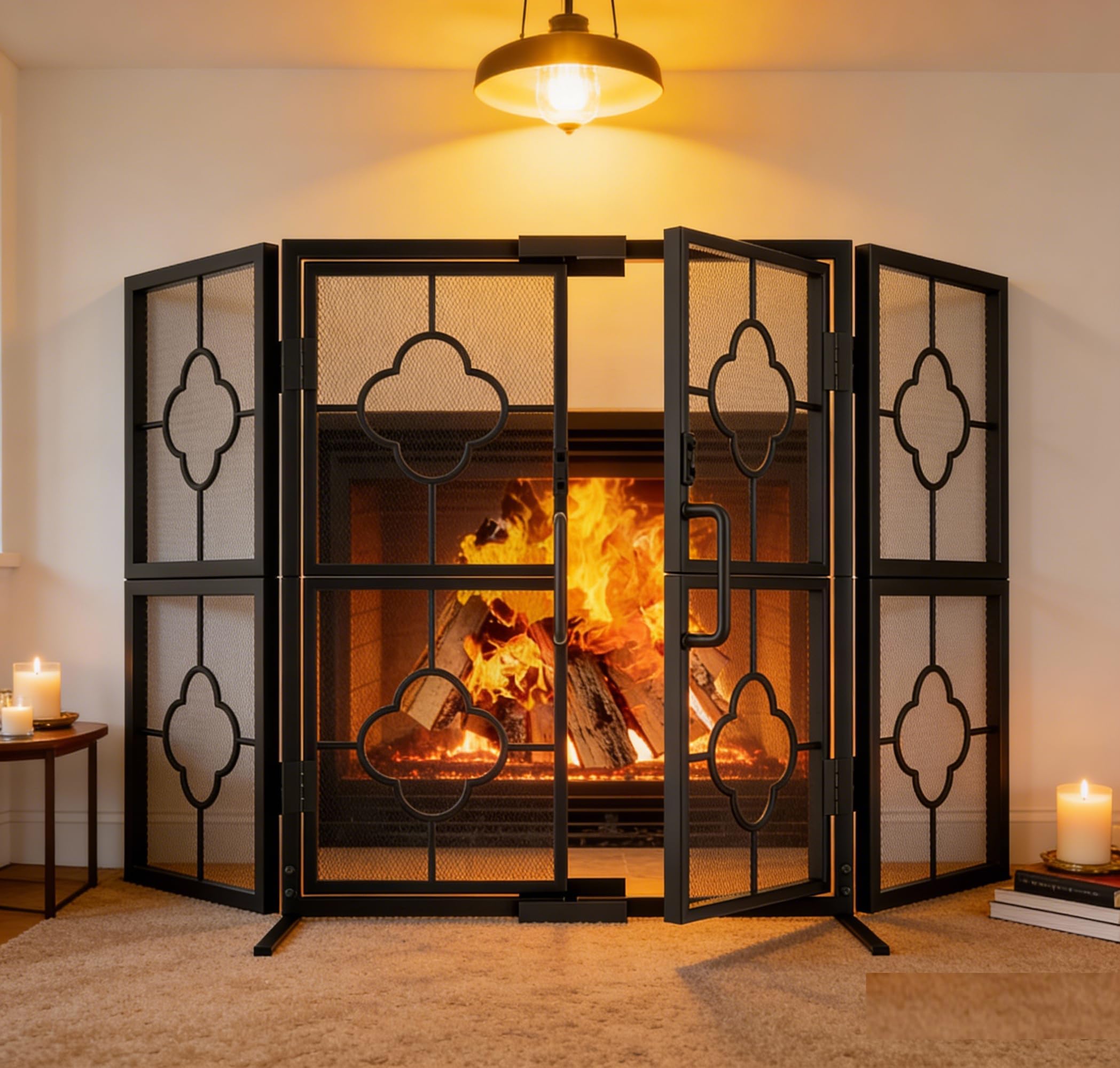 Amagabeli Écran De Cheminée 3 Panneaux en Fer Forgé Métal Décoratif Grille Clôture Solide Acier