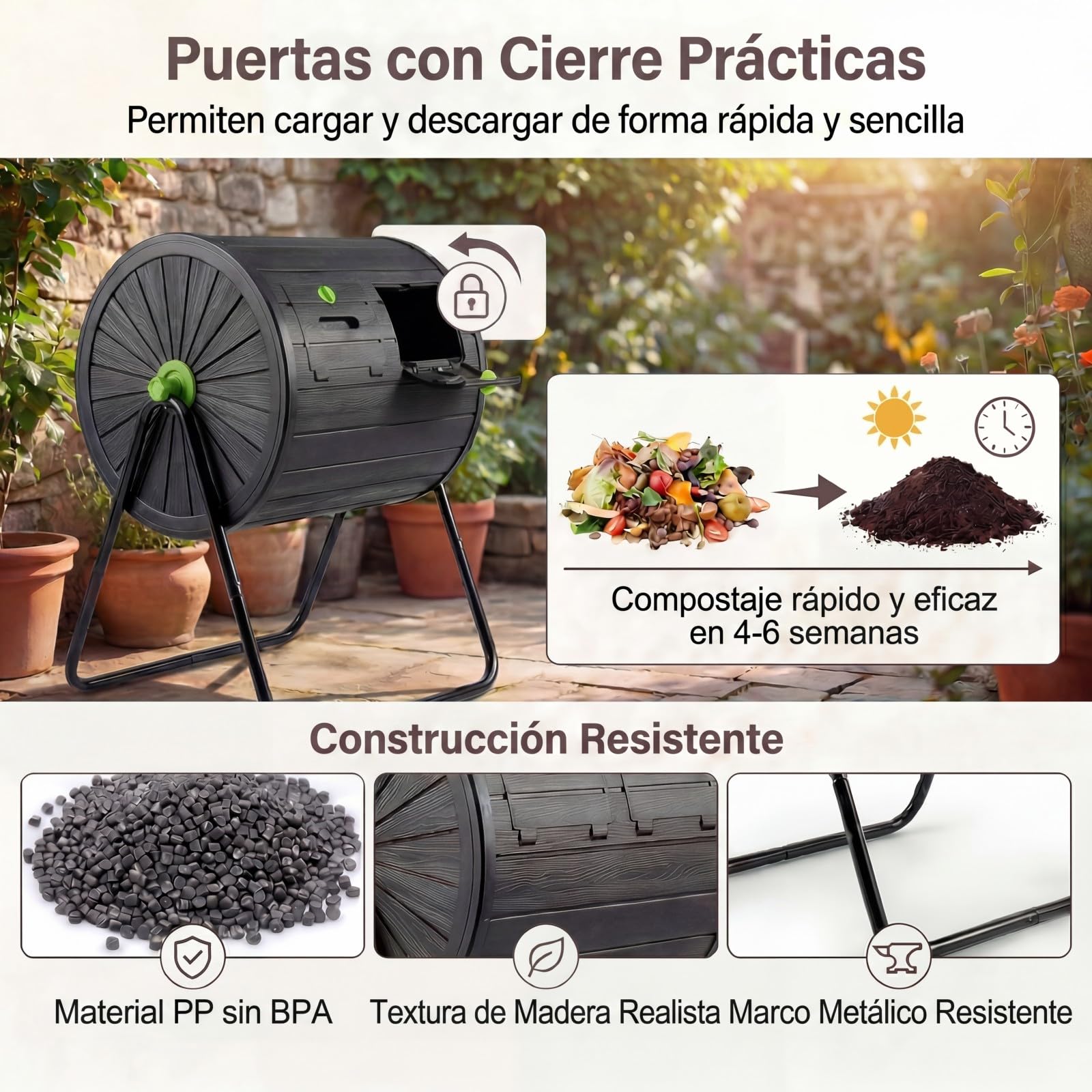 GYMAX Compostador Giratorio de Jardín 142 L, Contenedor de Compostaje de Doble Cámara Compostadora con Puertas Bloqueables, Soporte Metálico para Desechos de Jardín Cocina Patio (Negro)