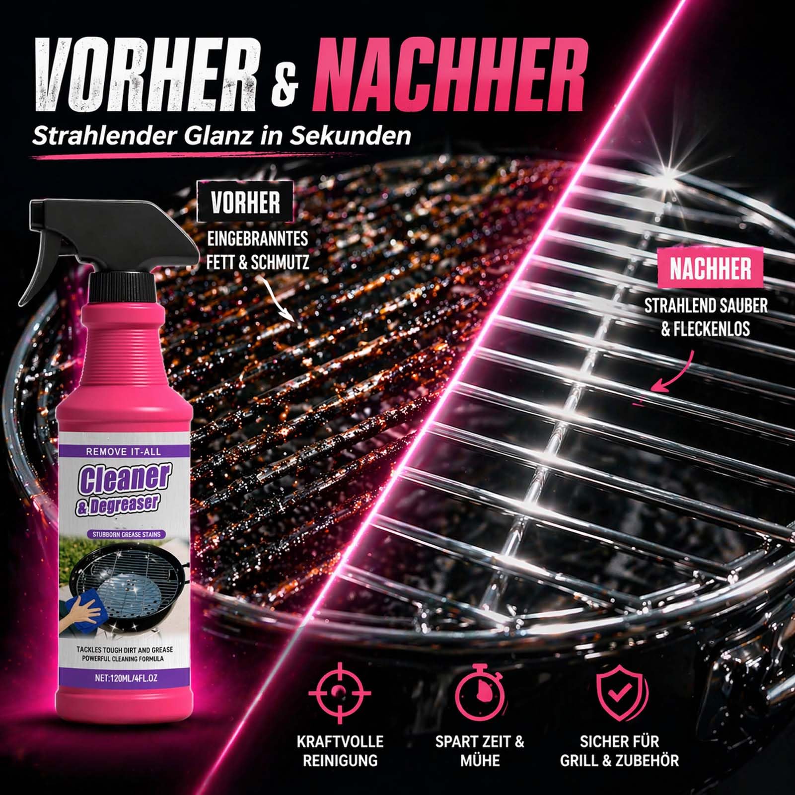 Schnell wirkendes Hochleistungs-Grill-Entfettungsspray– Stark gegen Eingebranntes, Ruß & Fett – Schneller BBQ Reiniger für Grillrost, Backofen & Pfannen – Kraftvolles Reinigungsspray (3 Stück)