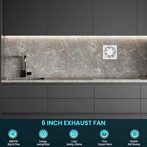 Miniatura 7 de HG Power Ventilador de escape de 6 pulgadas con controlador de velocidad, ventilador de escape de pared de 308CFM para cocina, baño, extractor de