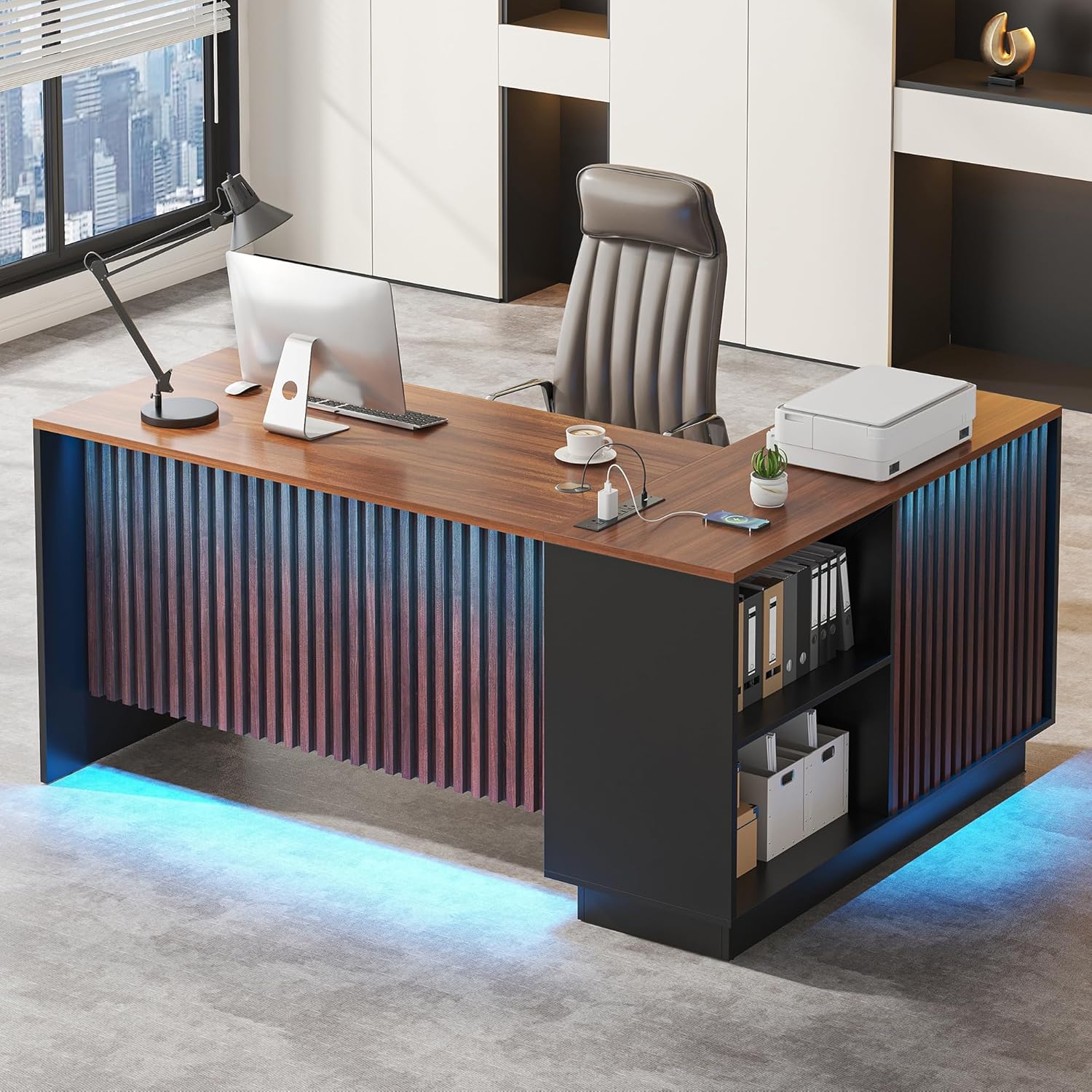 Semoic L-Shaped Executive Desk, Home Office Desk with Storage, Drawers, File Cabinet and Privacy Panel, Modern Corner Desk with Charging Station & Led Lights, Executive Standing Desk(Walnut+Black) Semoic L-Shaped Executive Desk, Home Office Desk with Storage, Drawers, File Cabinet and Privacy Panel, Modern Corner Desk with Charging Station & Led Lights, Executive Standing Desk(Walnut+Black)