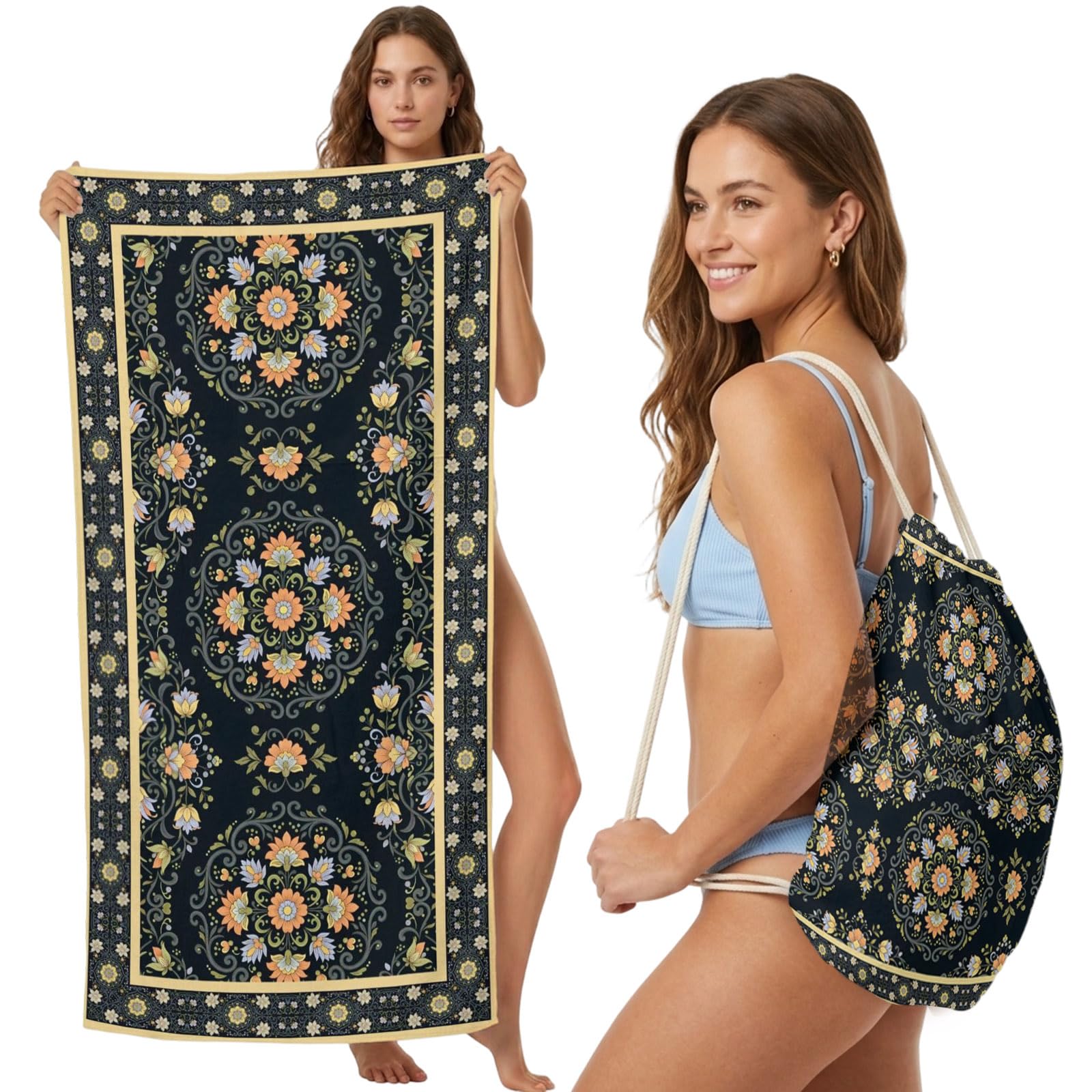 Beach Towel Bag 2 in 1 Black Boho Floral Blooms Bath Pool Towels Backpack Bohemian Flower Vines Absorbent Beach Towel Soft Quick Dry Lightweight Packable Towels Drawstring Bag for Travel Sports Yoga