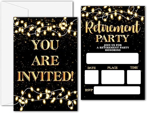 Disfuco Invitaciones de fiesta de jubilación tarjetas de invitación de jubilación negras y doradas para hombres mujeres enfermeras profesores
