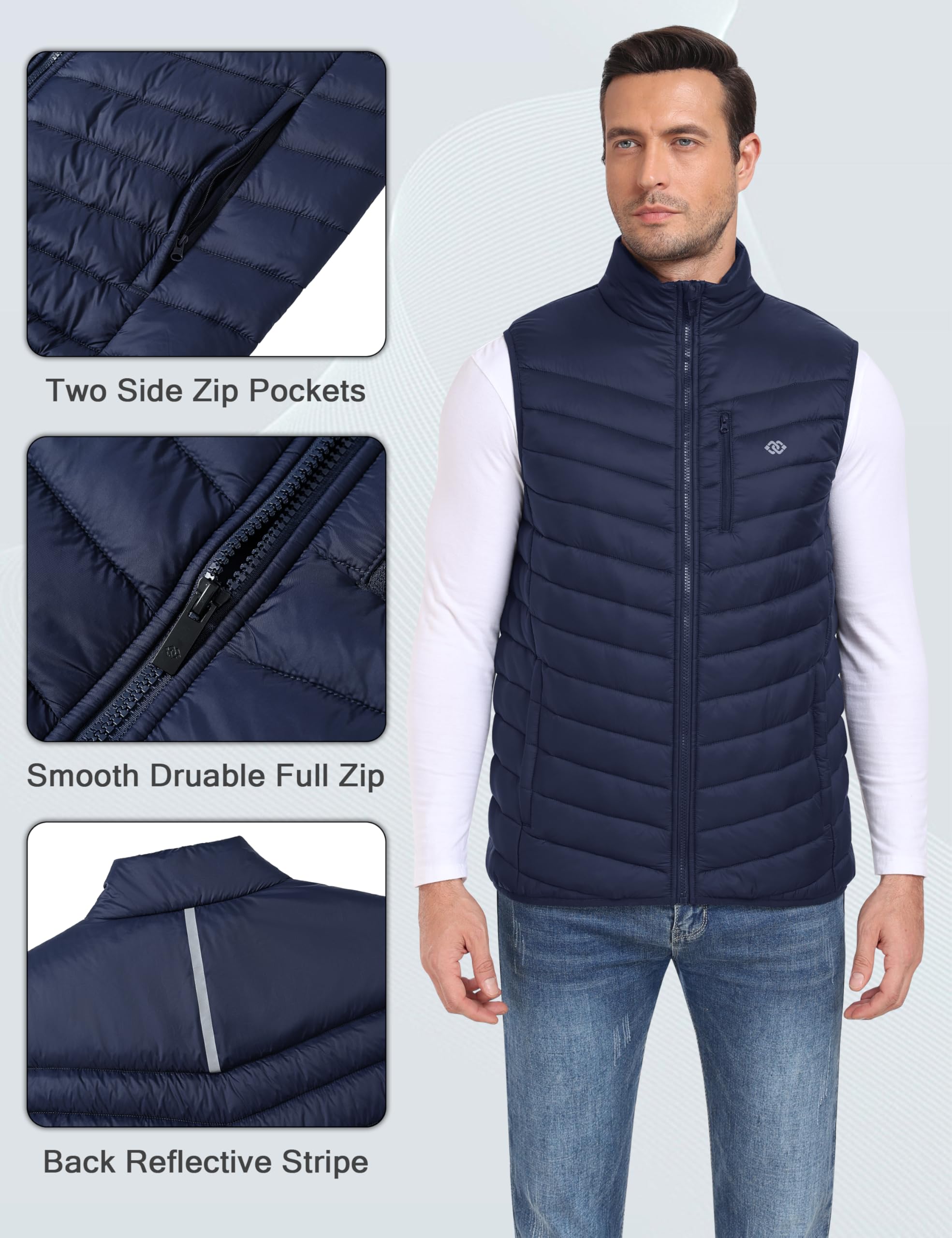 MoFiz Chaleco acolchado para hombre, sin mangas, cuello alto falso, chaqueta para correr, viajes, invierno, cortavientos