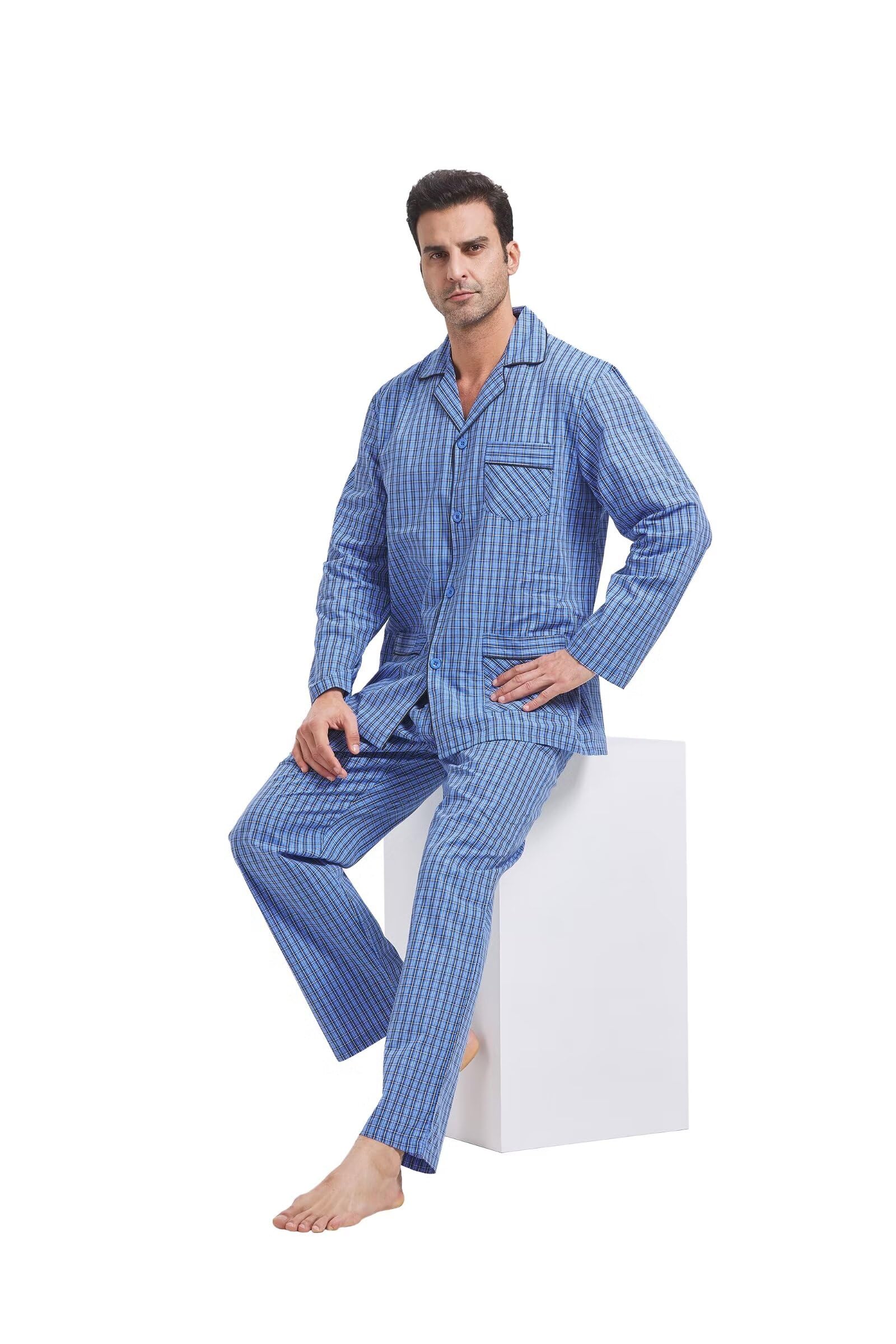GLOBAL Pijamas Hombre Largos Pantalones Ropa de Dormir Conjunto de Algodón Pijama para Hombre con Bolsillos y Cordón