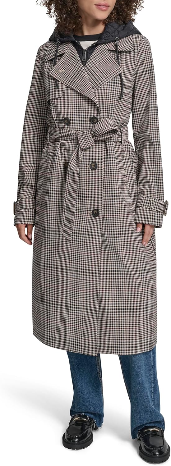 DKNY Women's Trench Coat With Bib– Long Double-breasted Belted Jacket With Quilted Bib With Hood - Image 4