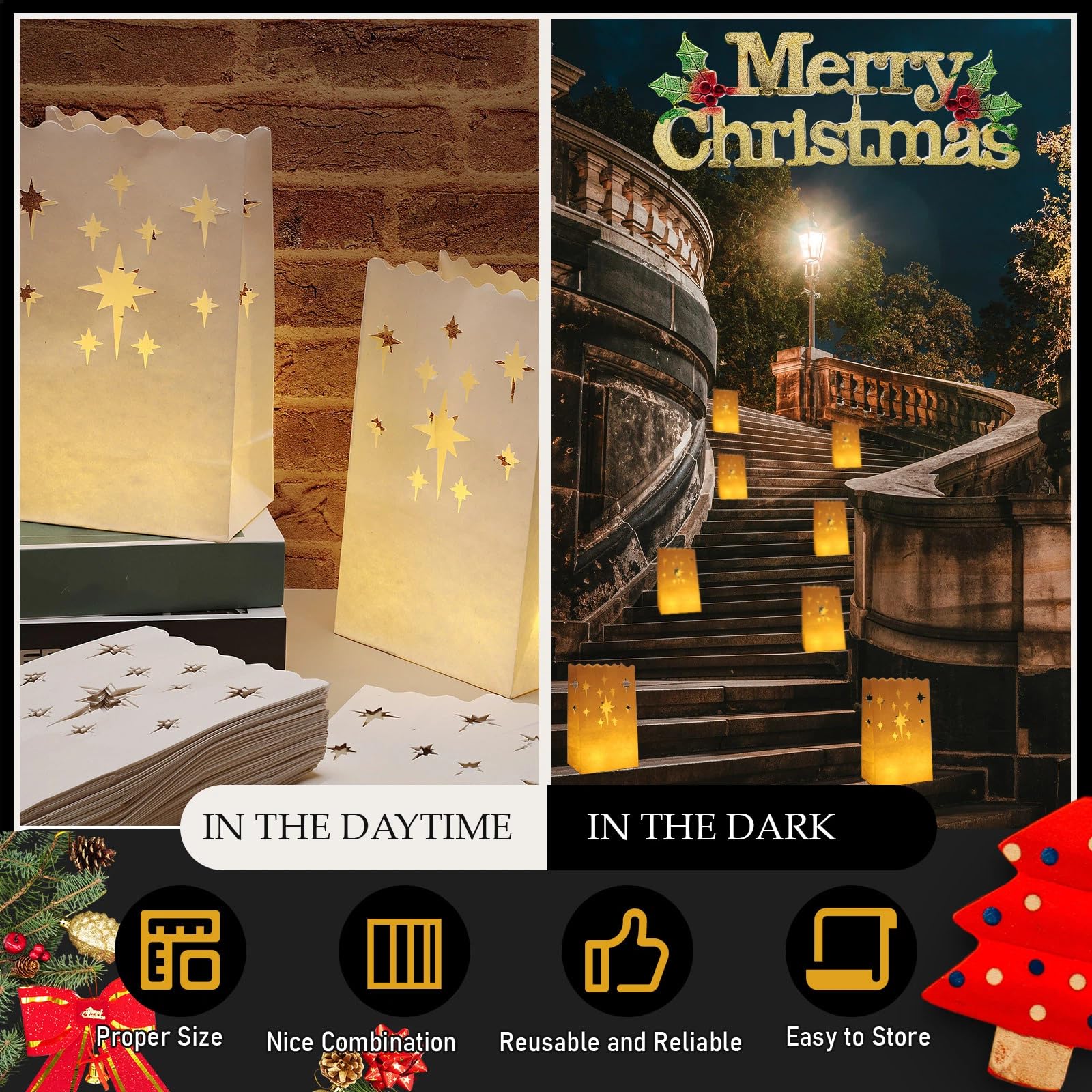 200 Stück weiße Lichttüten Weihnachten Luminaries schwer entflammbare Kerzentüten wiederverwendbare Papierlaternen Taschen für Weihnachten Hochzeit Valentinstag Diwali Thanksgiving Neujahr Party Dekor