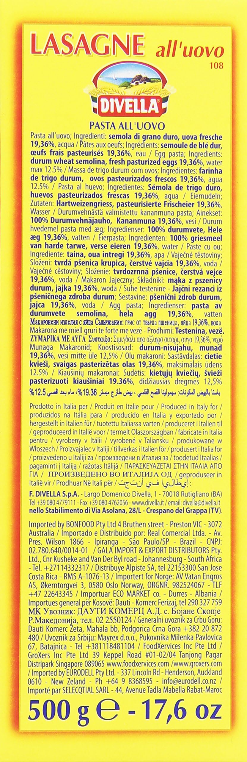 Divella - Láminas de huevo con huevos frescos, pronto en el horno, 12 unidades de 500 g [6 kg]