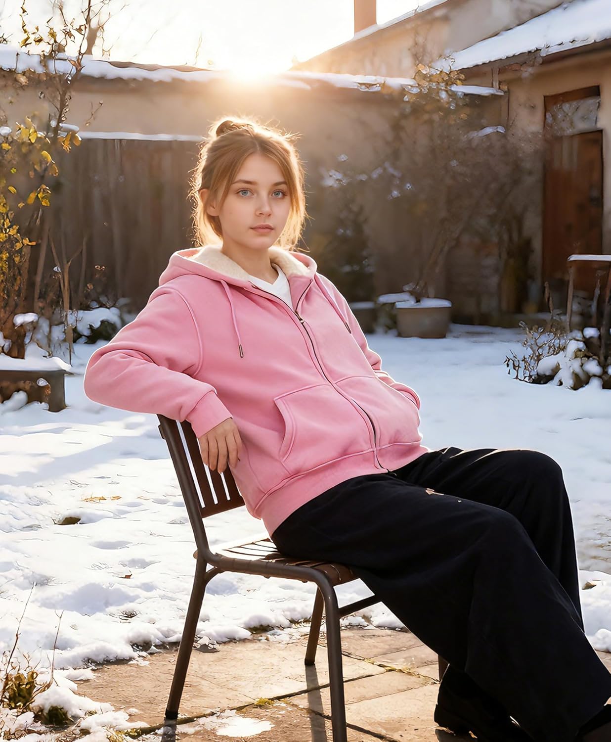 Women's Acid Wash Fleece Sherpa Lined Hoodie Jacket Winter Warm Zip Up Hoodies Heavyweight Vintage Sweatshirt Coat - Image 6