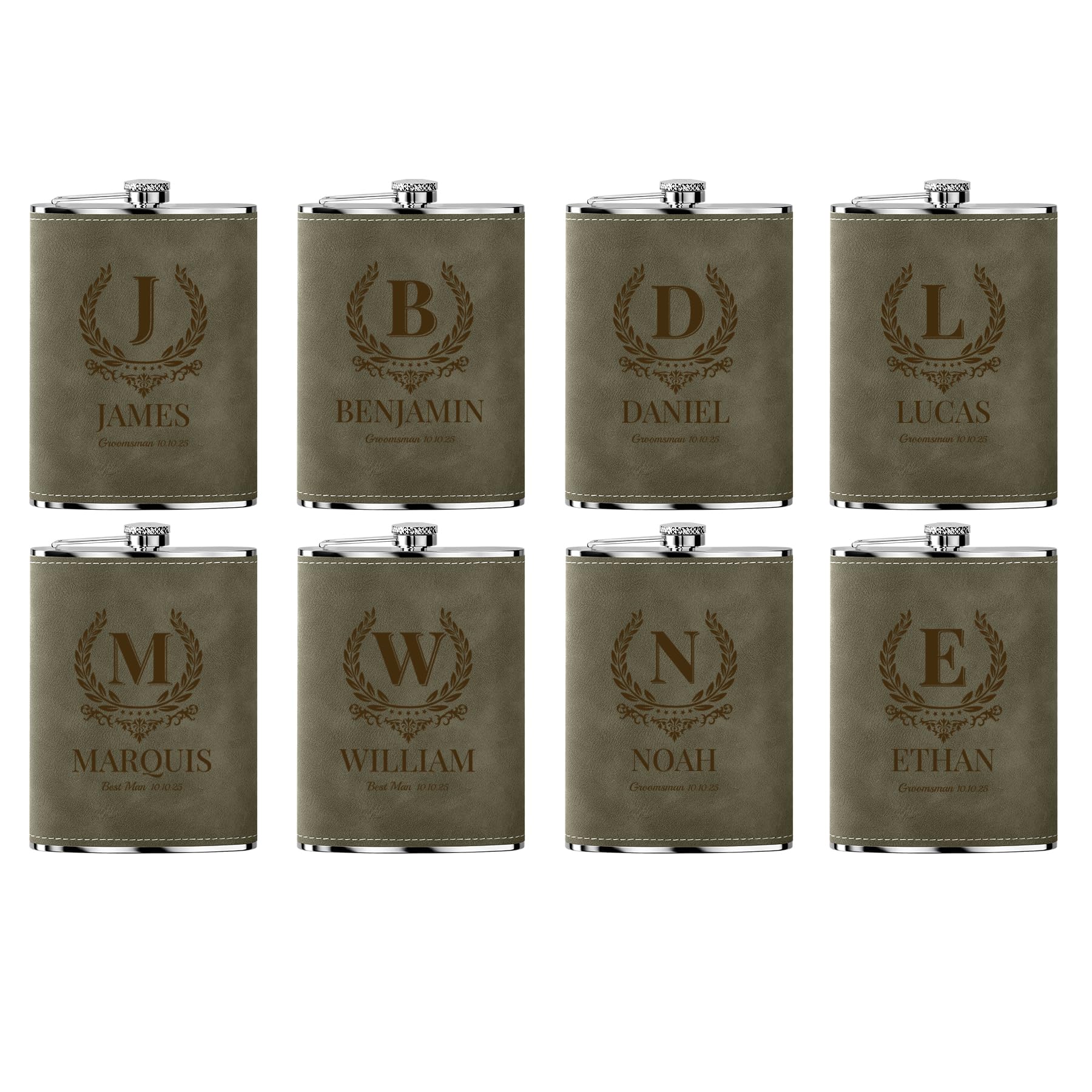 Fiole a alcool personnalisé en cuir vert : un coffret cadeau de mariage unique avec 8 flasques